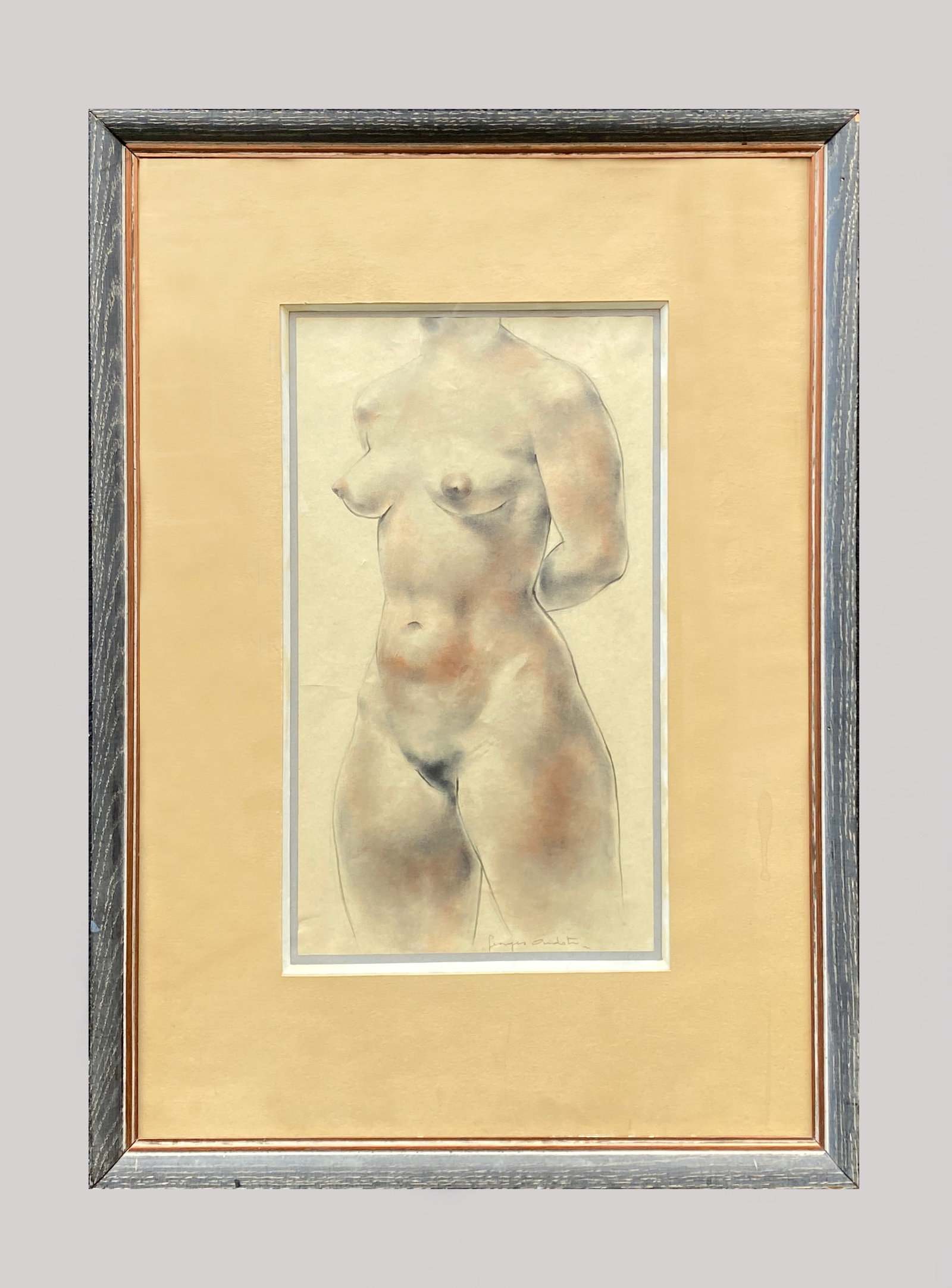 George Oudot Drawing of a Nude Figure - 20th Century: George Oudot Drawing of a Nude Figure - 20th Century This refined figurative drawing presents a standing female nude rendered with soft, atmospheric transitions of tone and delicate contouring. The co