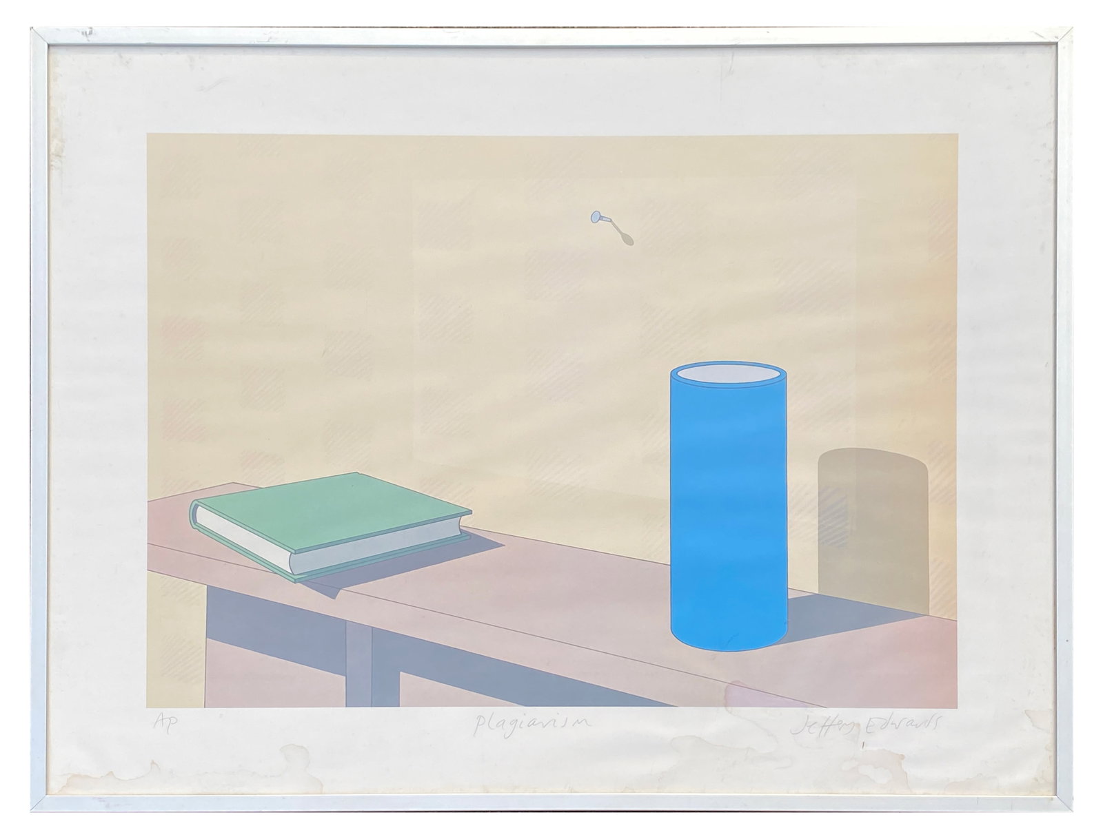 Screen Print By Jeffery Edwards 'Plagiarism' 1970s: Screen Print By Jeffery Edwards 'Plagiarism' 1970s This screen print demonstrates Edwards' masterful use of minimalist composition and subtle commentary. The scene depicts a stark arrangement of just