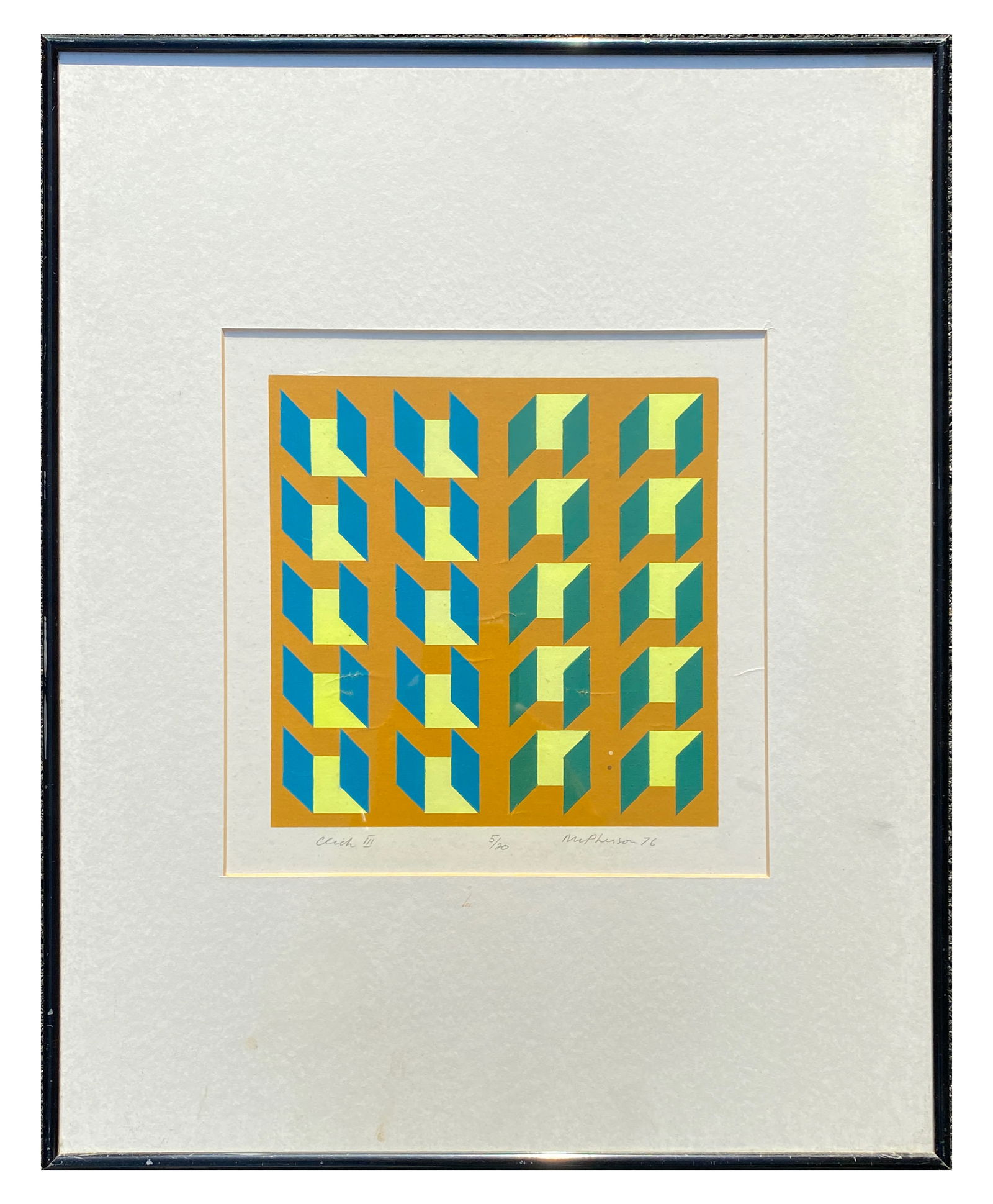 Op Art serigraph, 1970s: Op Art serigraph, 1970s featuring a geometric pattern of three-dimensional cubes arranged in a 5x4 grid against an ochre background. The composition creates a compelling visual illusion through the ca