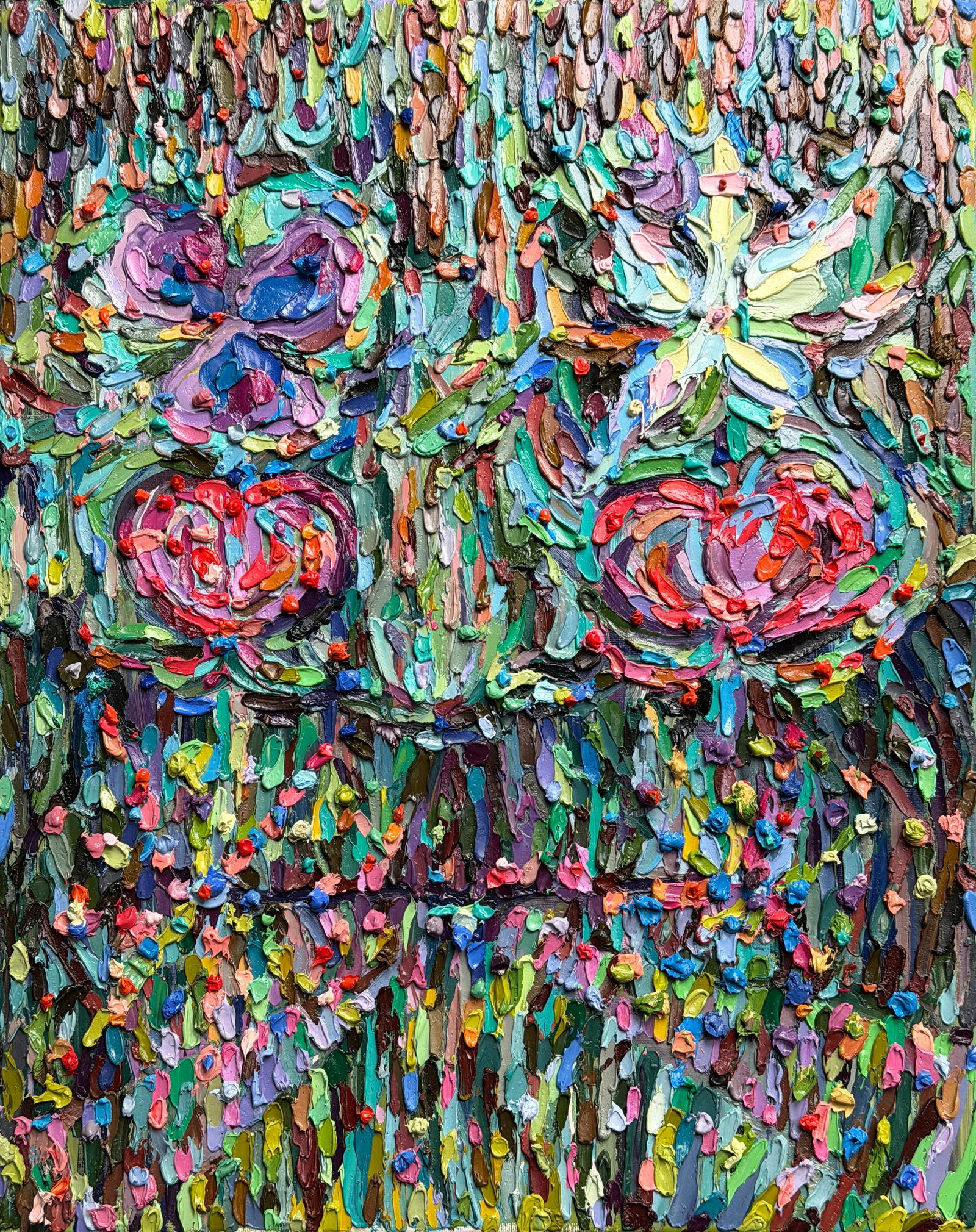 Yve Mas (1997-)Oil Painting "Leshy, Spirt of the Grove" - 2025: Yve Mas Oil Painting "Leshy, Spirt of the Grove" - 2025 A richly textured composition alive with thick, sculptural impasto, the surface built from densely layered strokes of saturated oil paint that c