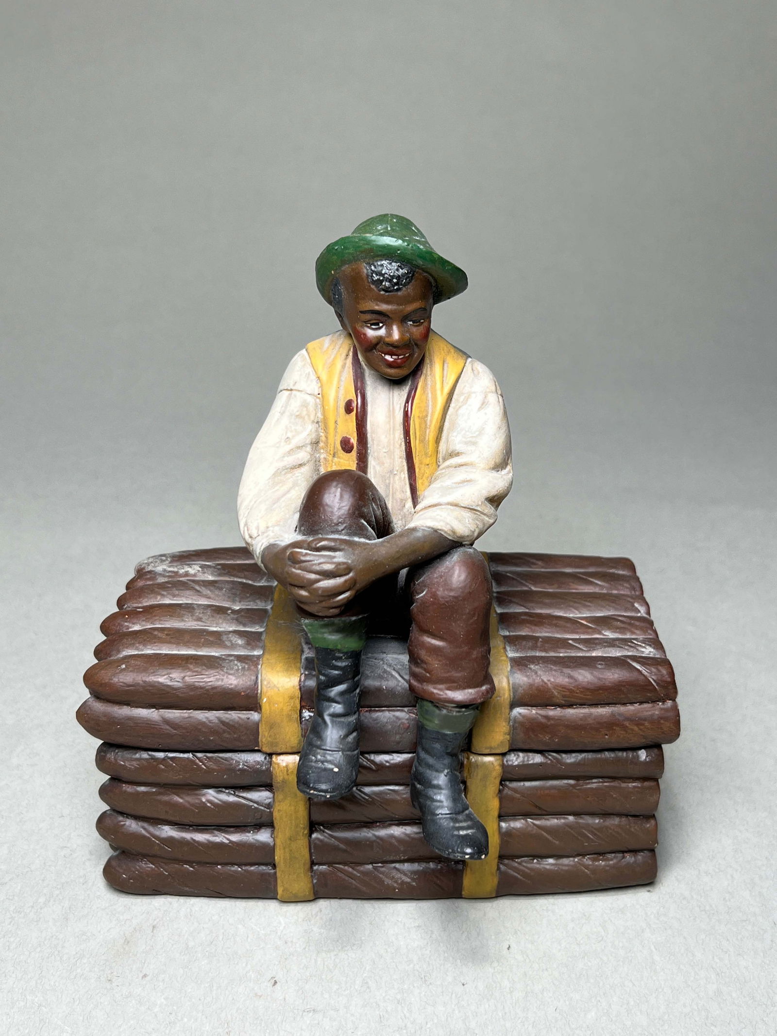 Americana Style Ceramic Humidor Jar by Johann Maresch - Young Boy on Cigar Box - Austria (1 of 2)