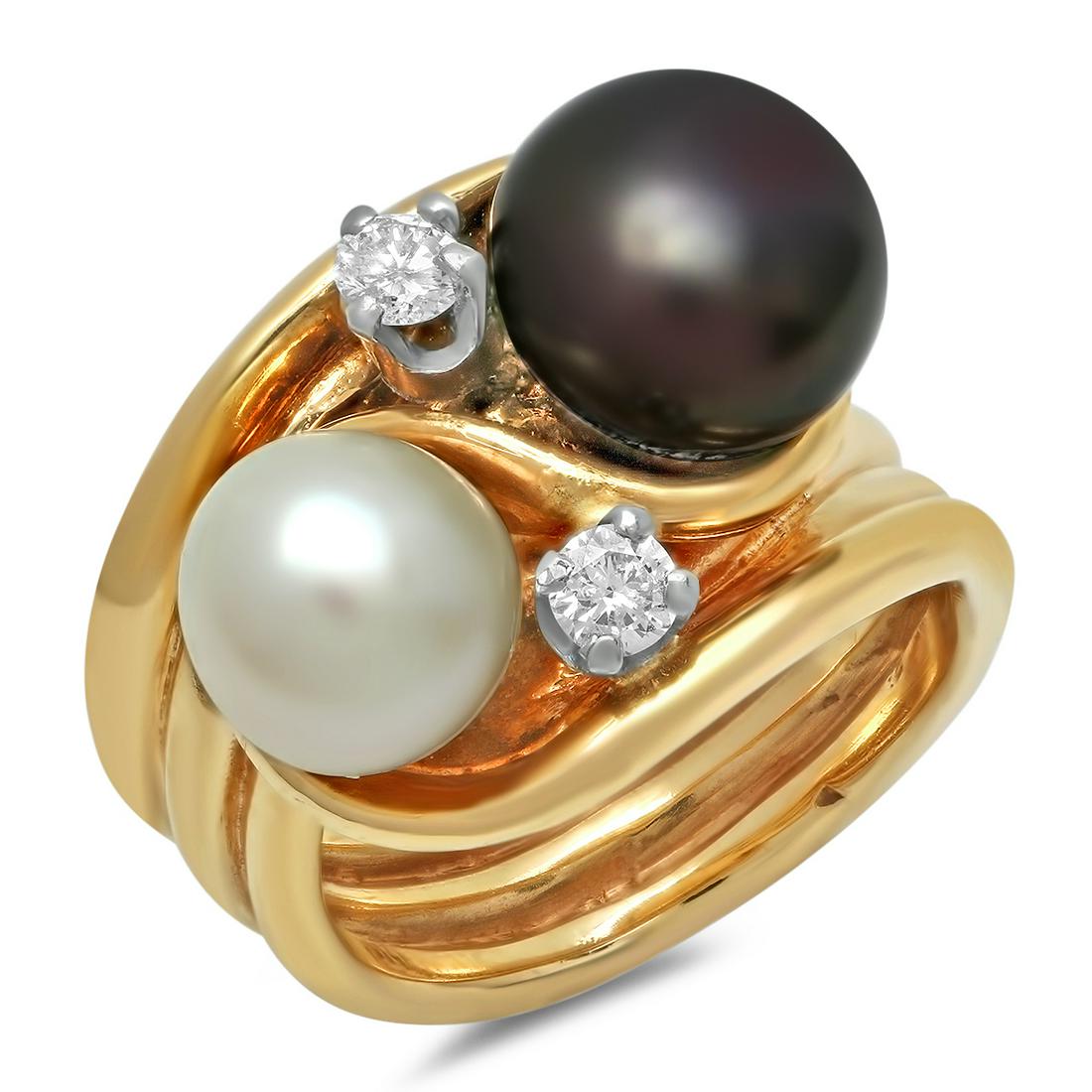 14K YELLOW GOLD BLACK & WHITE PEARL 0.25CT DIAMOND RING (1 of 2)