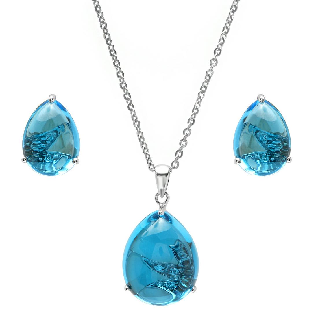 14K WHITE GOLD 25.00CT BLUE CABOCHON LONDON TOPAZ EARRING & PENDANT SET (1 of 1)