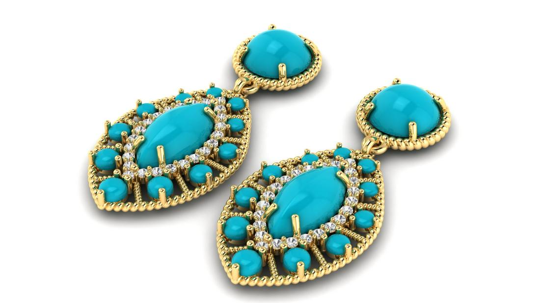 14K YELLOW GOLD 30.00CT TURQUOISE 2.00CT DIAMOND EARRINGS: Retail Price: $14,000.00 / Metal: 14K Solid Yellow Gold/ Manufactured: USA/Main Stone: Turquoise/ Carat Weight: 30.00CT/ Color: Light Blue / Clarity: Type 2/ Cut: Excellent/ Treatment: None/ Side Ston