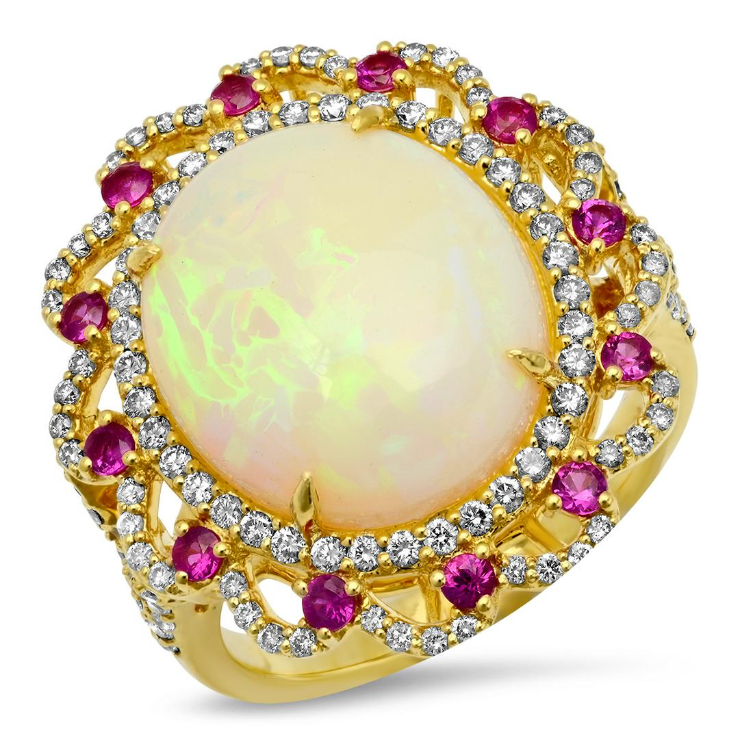 14K YELLOW GOLD 4.67CT OPAL 0.77CT DIAMOND 0.75CT RUBY RING (1 of 2)