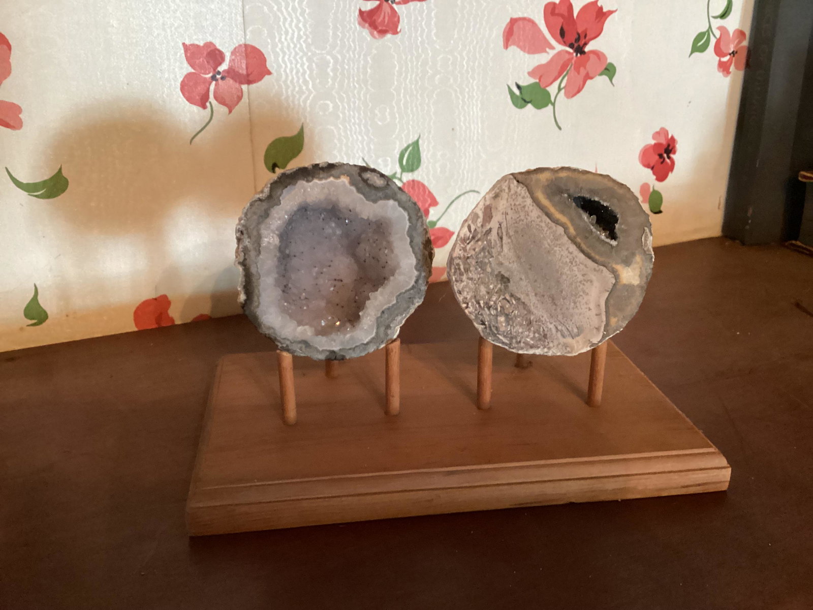 Two Geode Halves 3.75"on wooden Display stand 9"x5.5" (1 of 1)