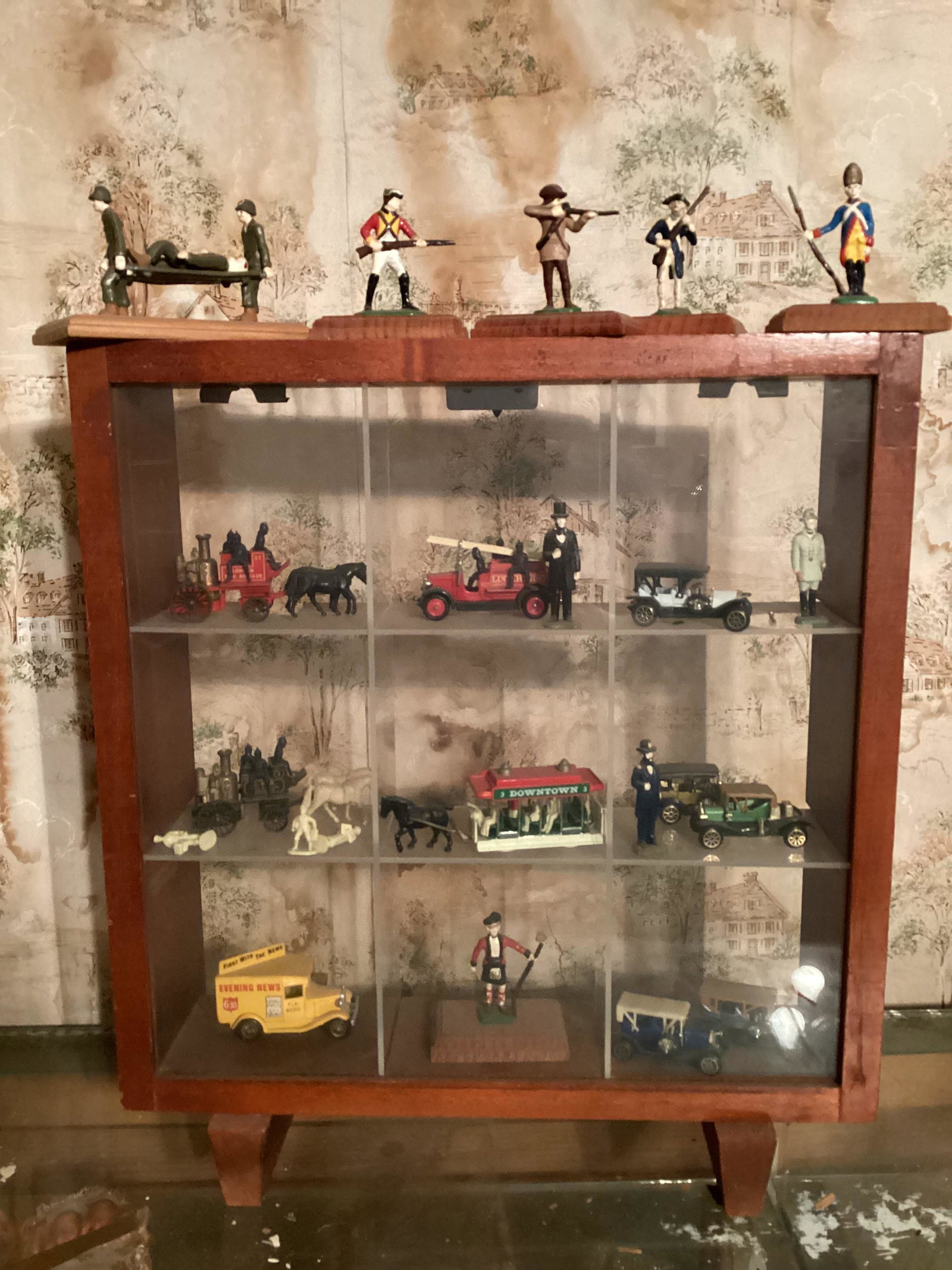 Wood & Glass Display Case full of Die Cast Fire Wagons, Metal Military Figures and more 17.75"x16" (1 of 1)