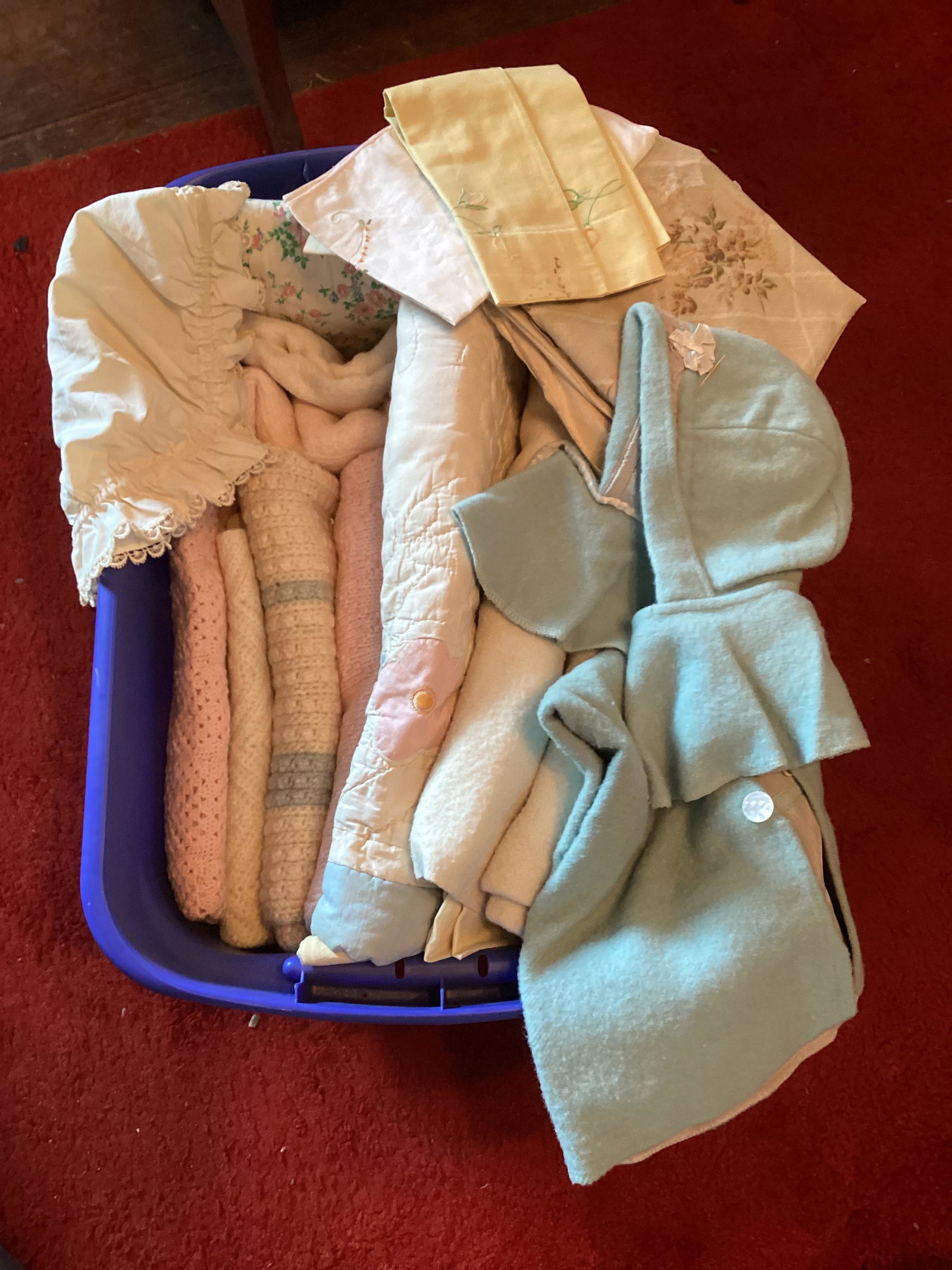 Tote full of Vintage Blankets, baby Clothes and more (1 of 1)