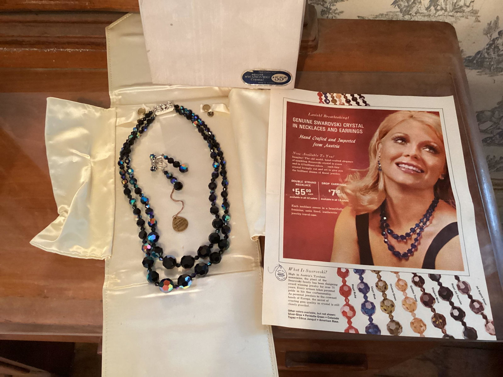 Vintage Swarovski Crystal Double Strand Necklace and matching Earrings in original box with tag and: Vintage Swarovski Crystal Double Strand Necklace and matching Earrings in original box with tag and original advertisement