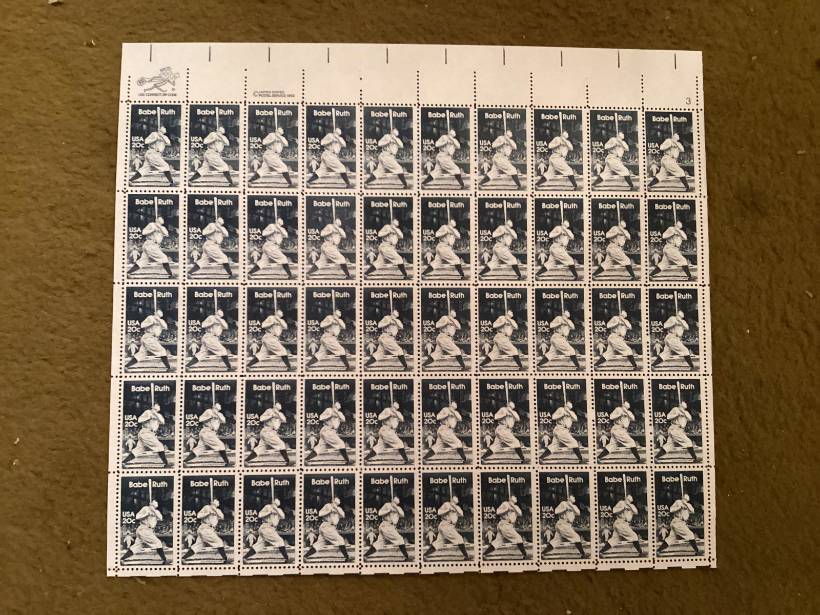 Sheet of Babe Ruth 20 Cent Uncut Stamps: Sheet of Babe Ruth 20 Cent Uncut Stamps