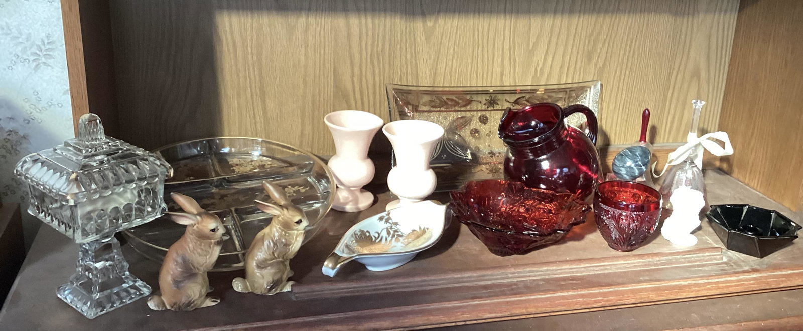 Shelf of Vintage Glassware, Gold Accent, Rabbit Statues and more: Shelf of Vintage Glassware, Gold Accent, Rabbit Statues and more