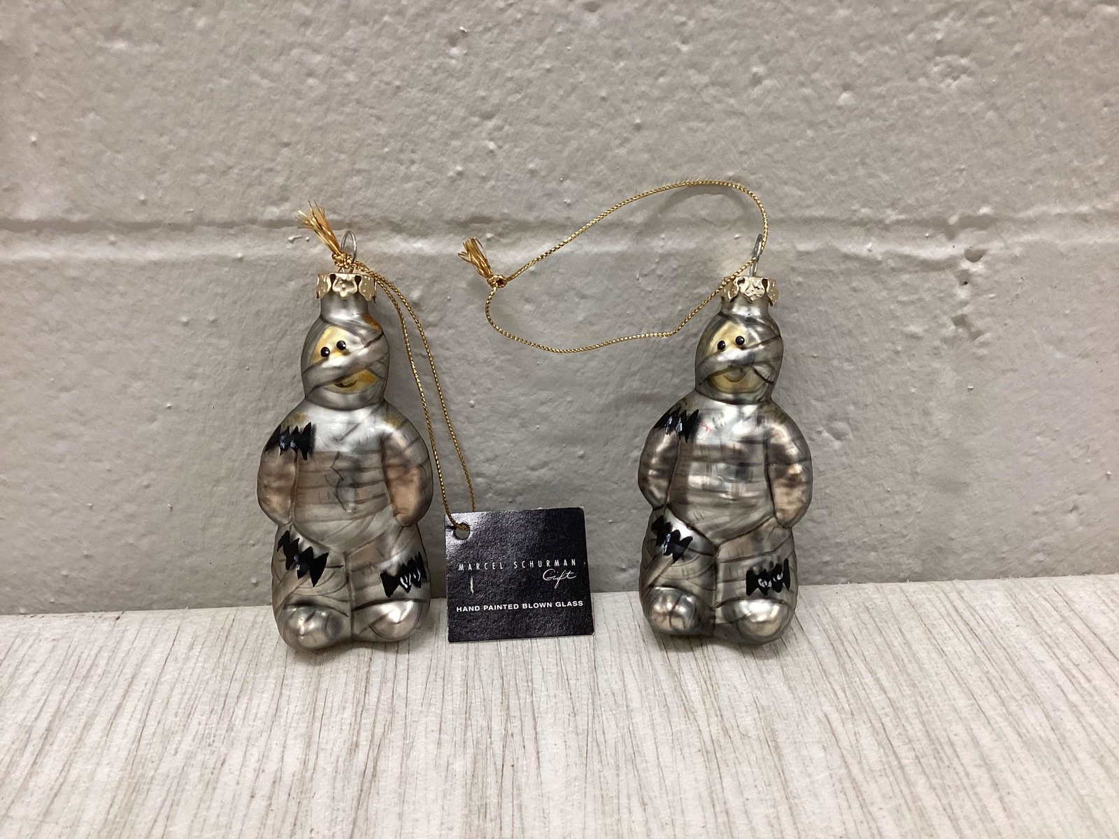 Pair of Marcel Schurman Hand Painted Blown Glass Mummy Ornaments: One with tag 3.5"