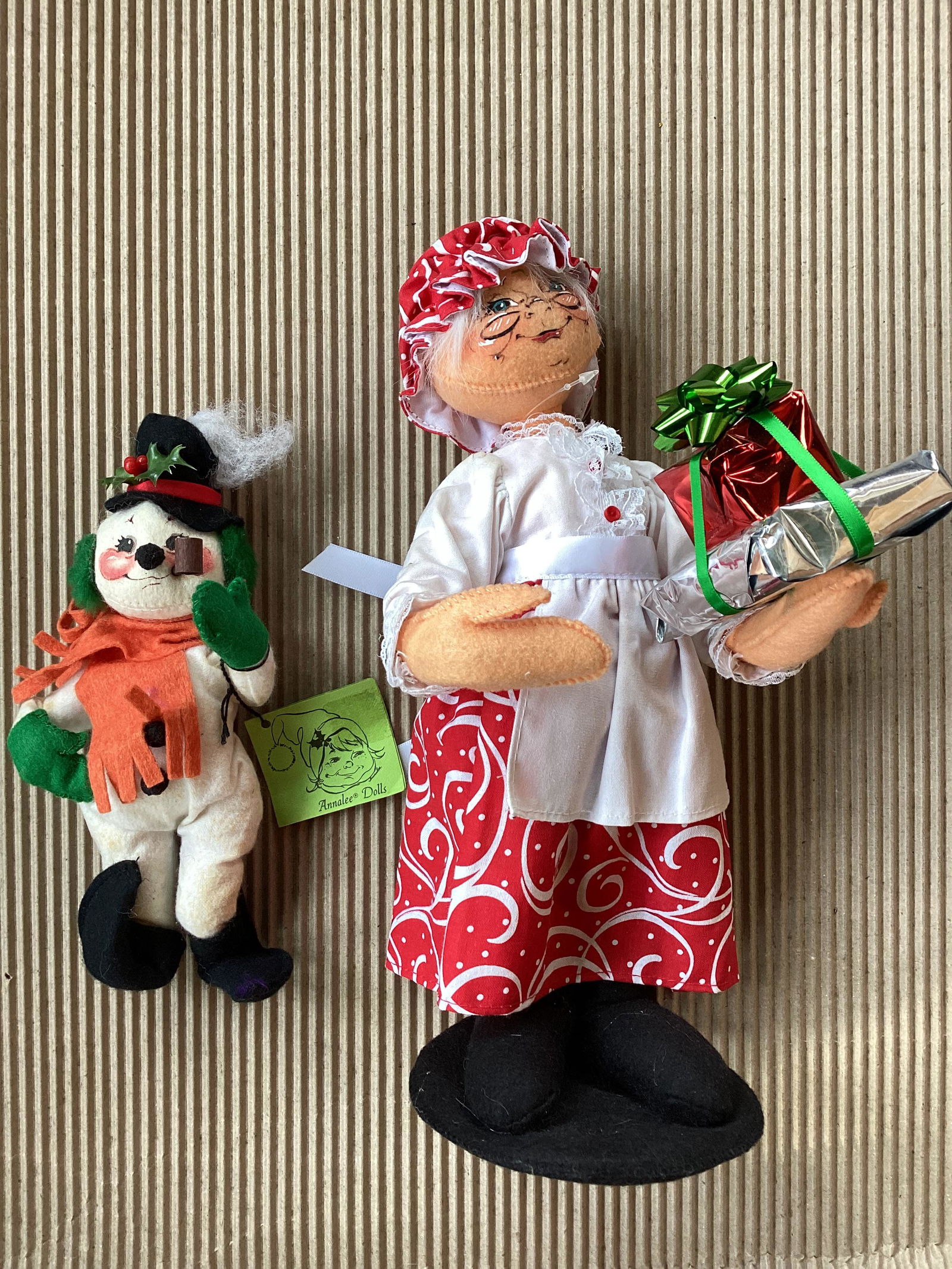 Annalee Mrs. Claus & Snowman: tallest 14" Snowman Has some staining as shown
