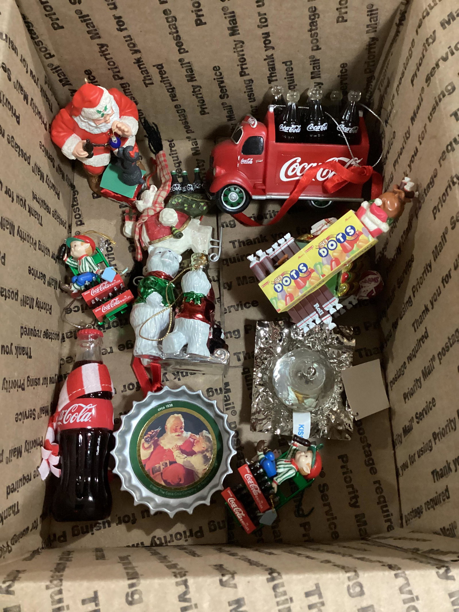 Box of Coca-Cola and Candy Advertising Ornaments: Coca-Cola, Hersheys & Tootsie Roll