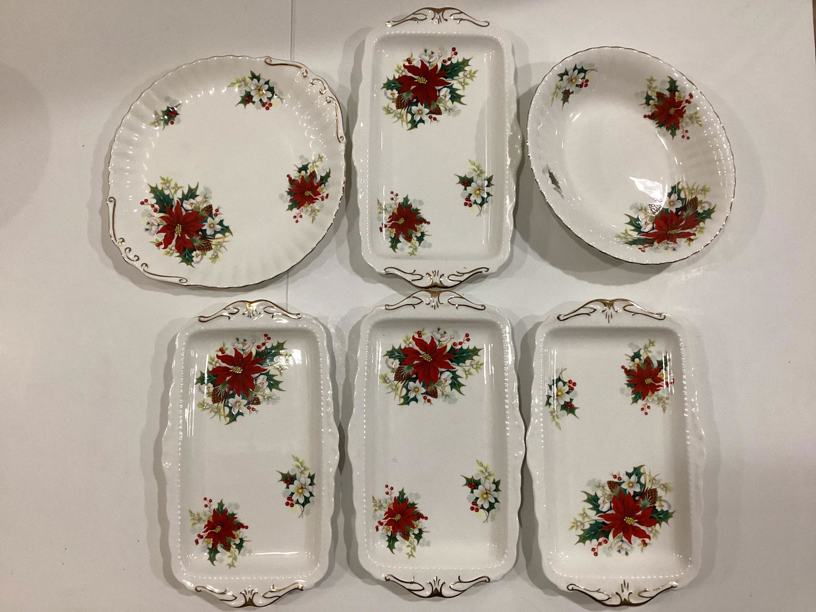 Royal Albert Bone China Poinsettia Platters & Bowl: Vegetable Bowl, Four Sandwich Plates & Platter 10.75"