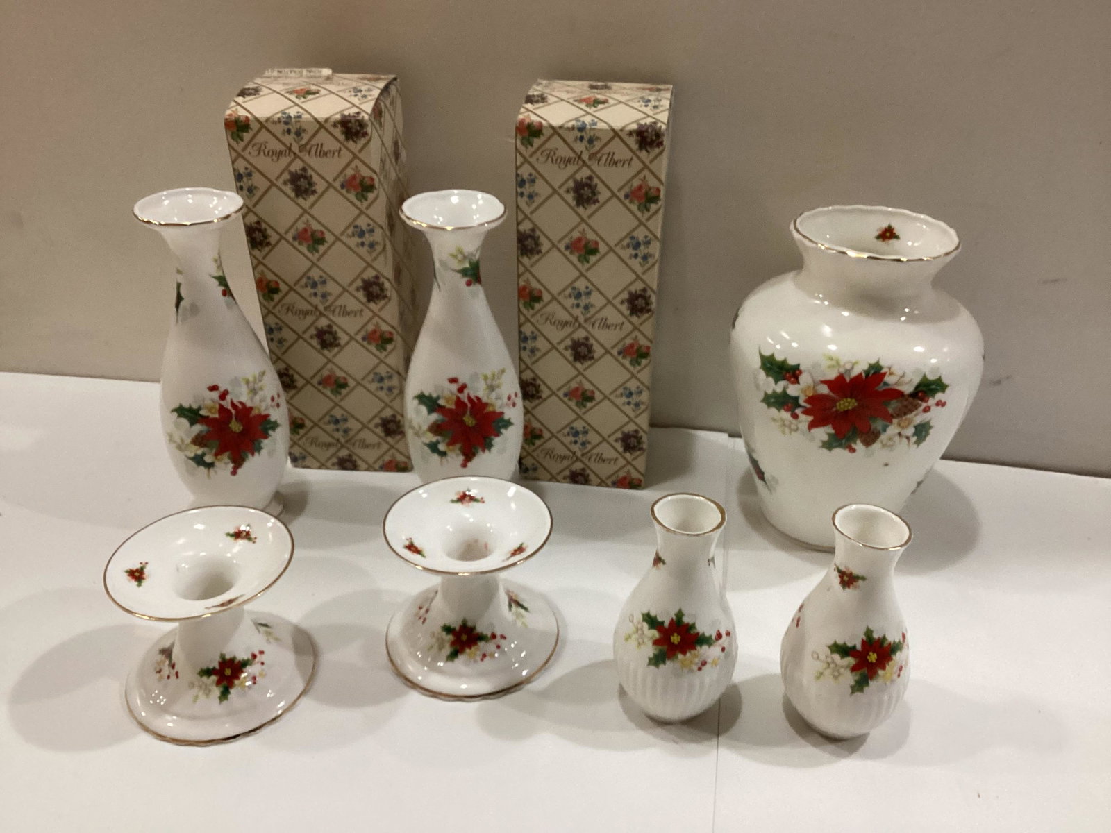 Royal Albert Bone China Poinsettia Vases and Candlesticks: Two With Boxes taller 7.5"