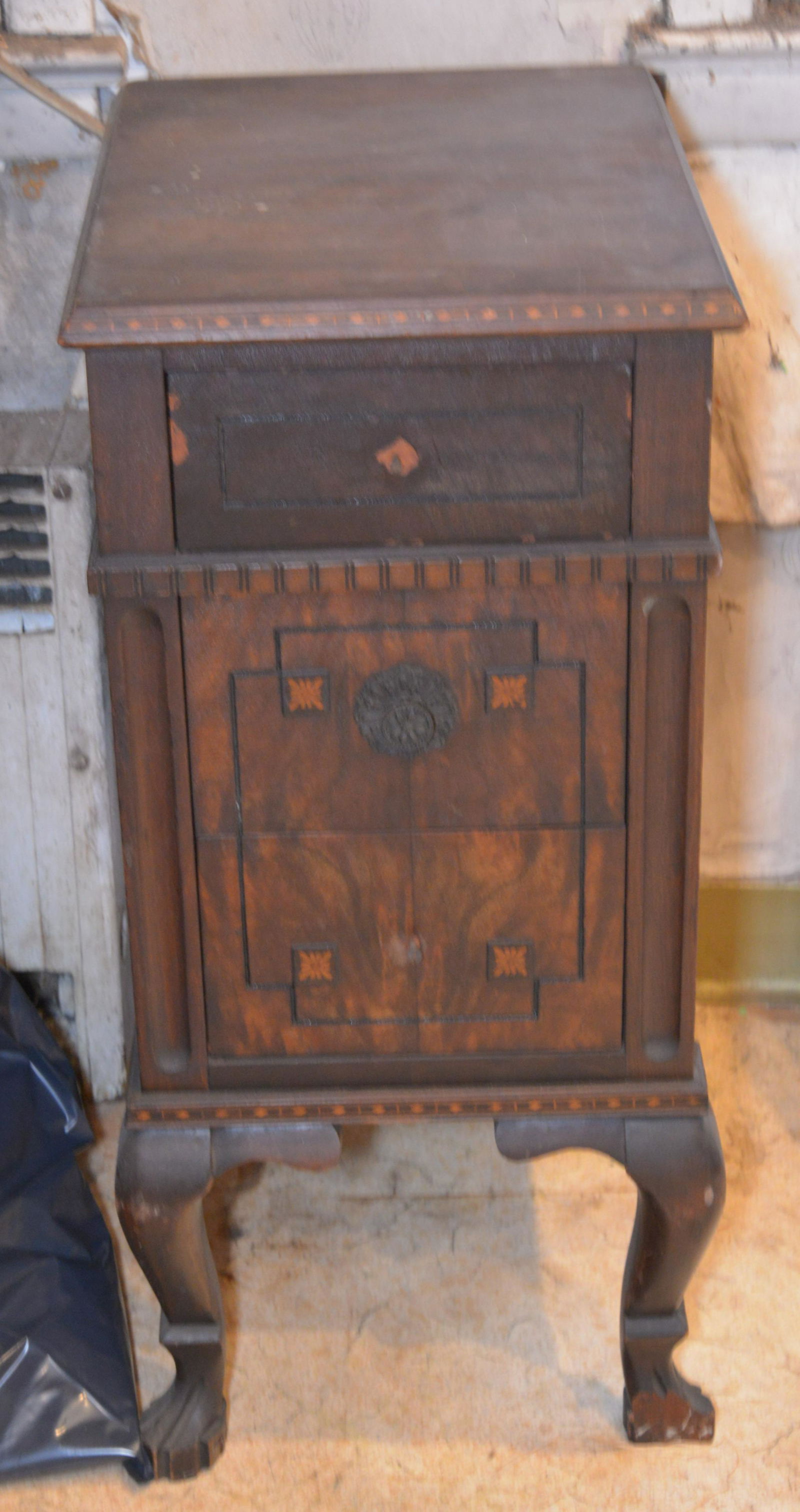 Pair of antique side tables: 14x17.5x30" One has antique casters attached (see last picture)