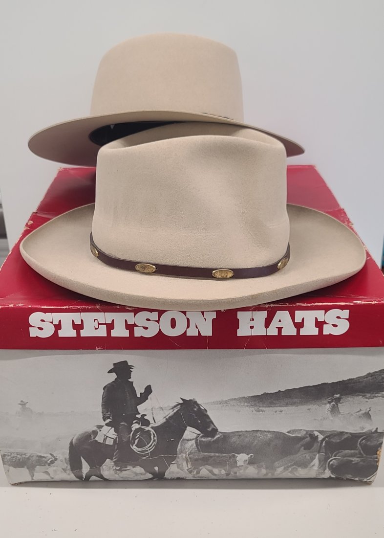 2 Stetson Cowboys Hats with Box Beaver and the Gun Club: one is size 7 one is 7 3/8. Excellent condition.
