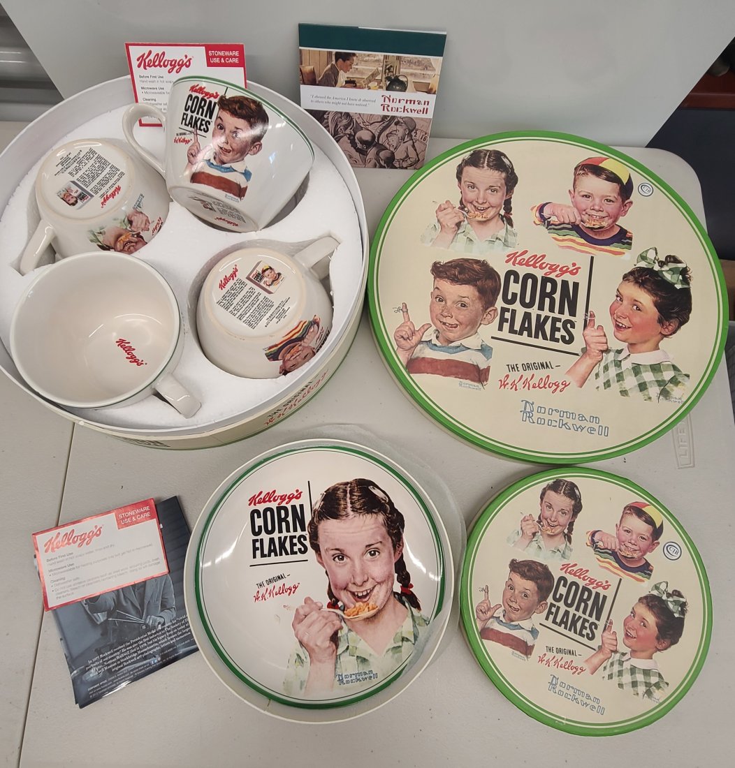 Norman Rockwell Retro Kellogg's Plates and Soup Cups: Those boxes are so Cute! Note Plate set is incomplete, only 2 plates. Stoneware.