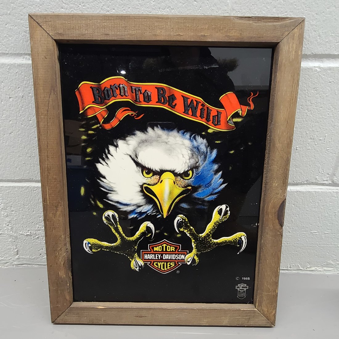 Vintage Wood Framed Harley Davidson Glass Art: 19x14.5"