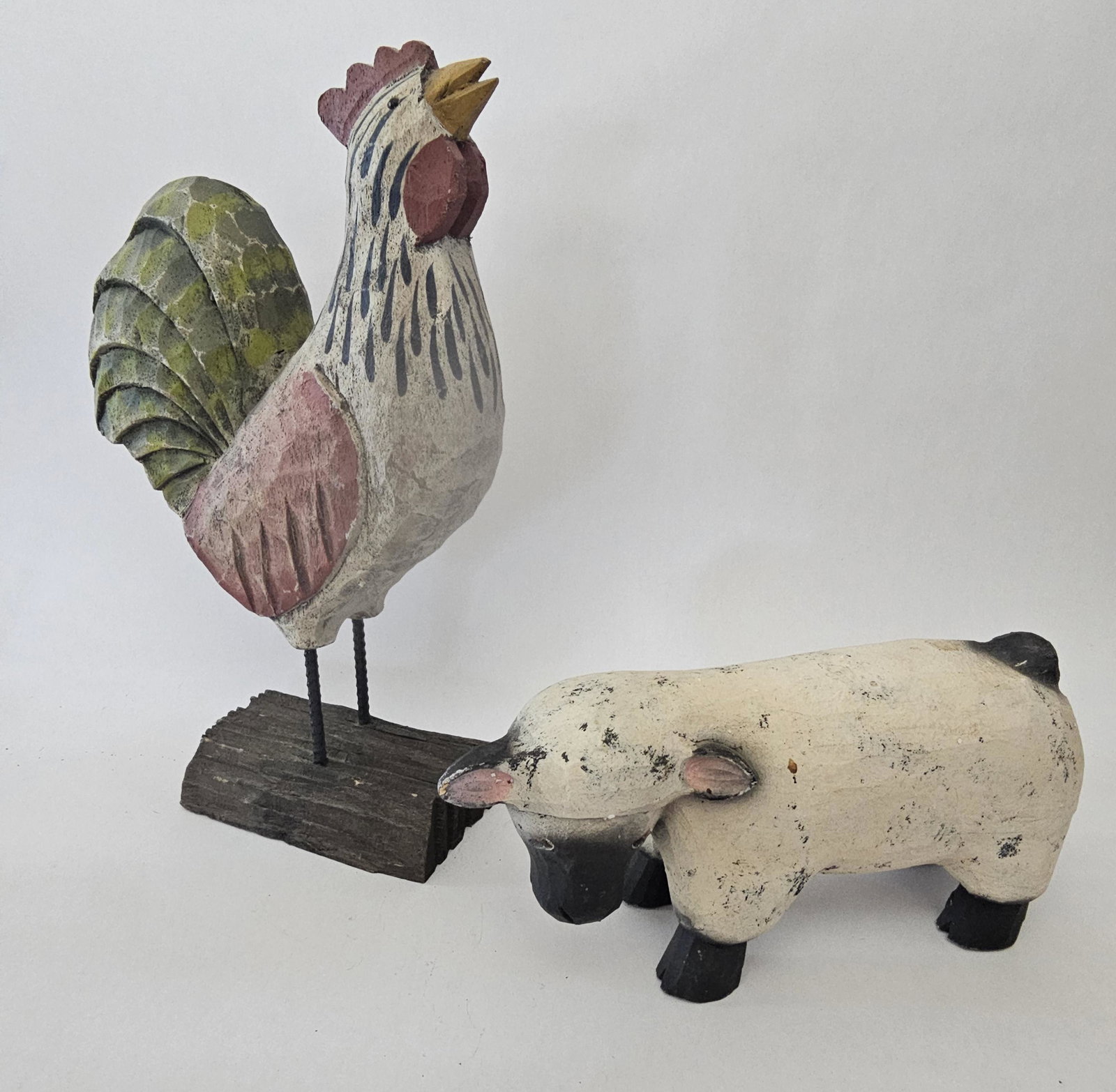 Primitive Wood Farm Style Rooster and Sheep: Rooster measures 16x10"