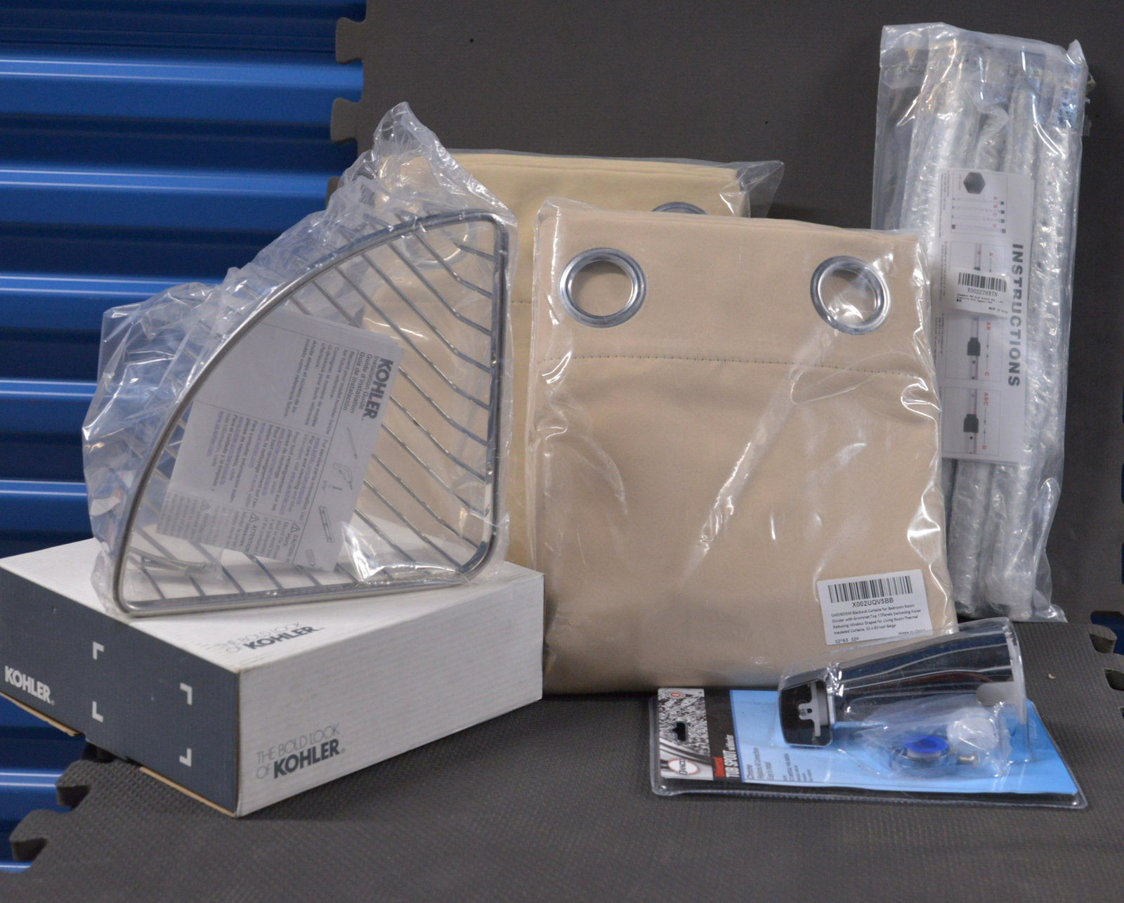 Blackout Curtains 52x63" Beige, Kohler shower shelf, and Danco tub spout: Two panels
