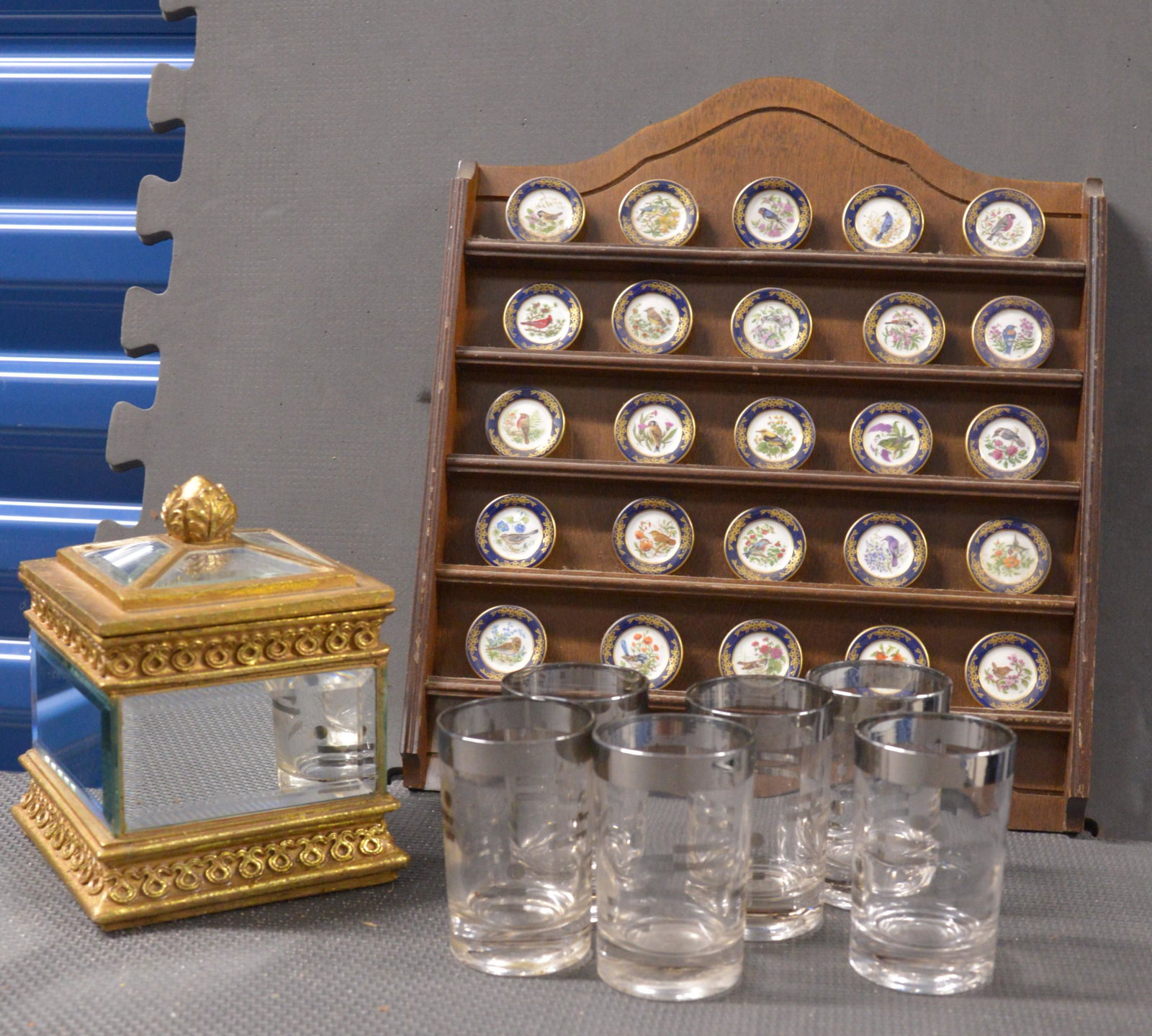 Franklin Porcelain audubon 1.5" mini plate collection, mirrored box and 6 MCM style glasses (1 of 2)