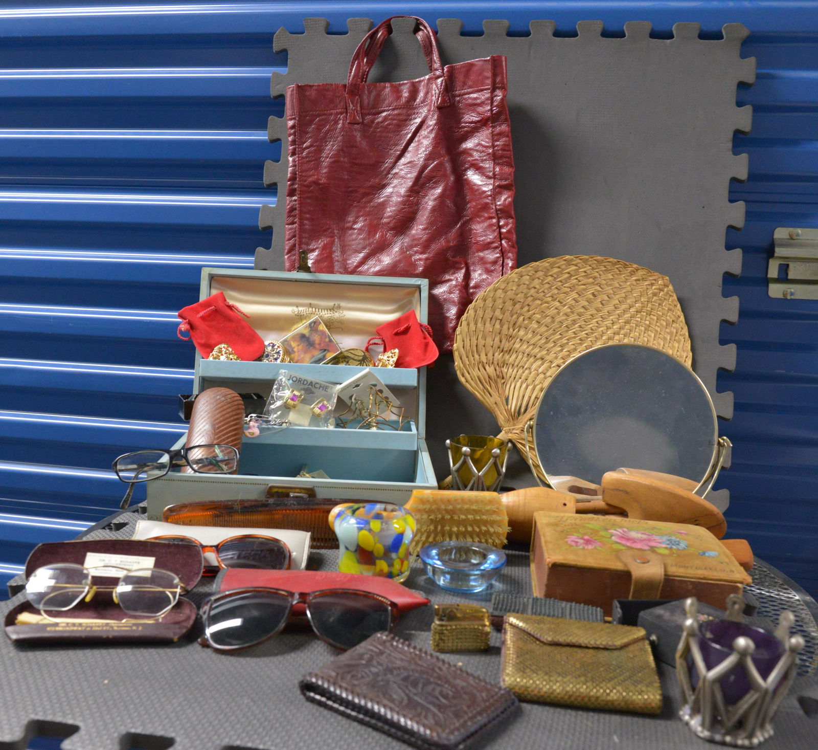 Vintage accessories including 1/10 12KT GF glasses, leather and suede handerchief box, and wooden (1 of 7)