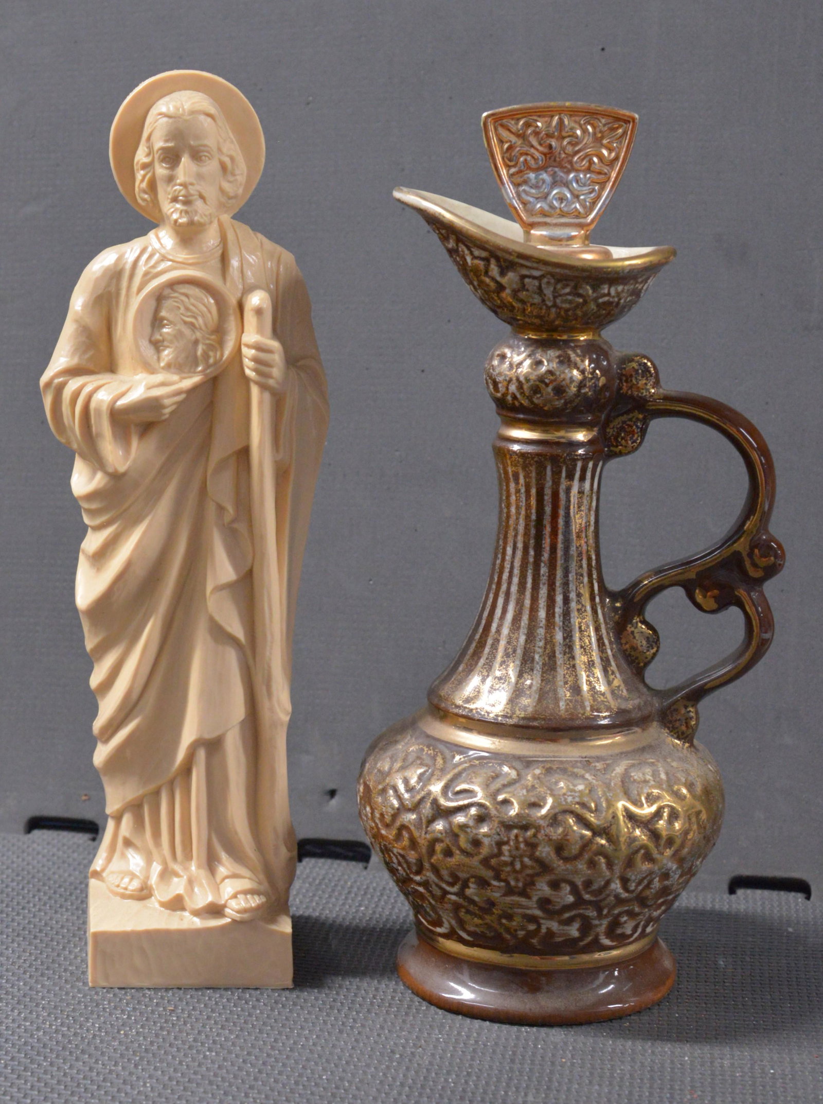 12.5" cast resin Jesus statue and empty 12.5" Jim Beam decanter: Disclaimer: Does not turn water into wine.