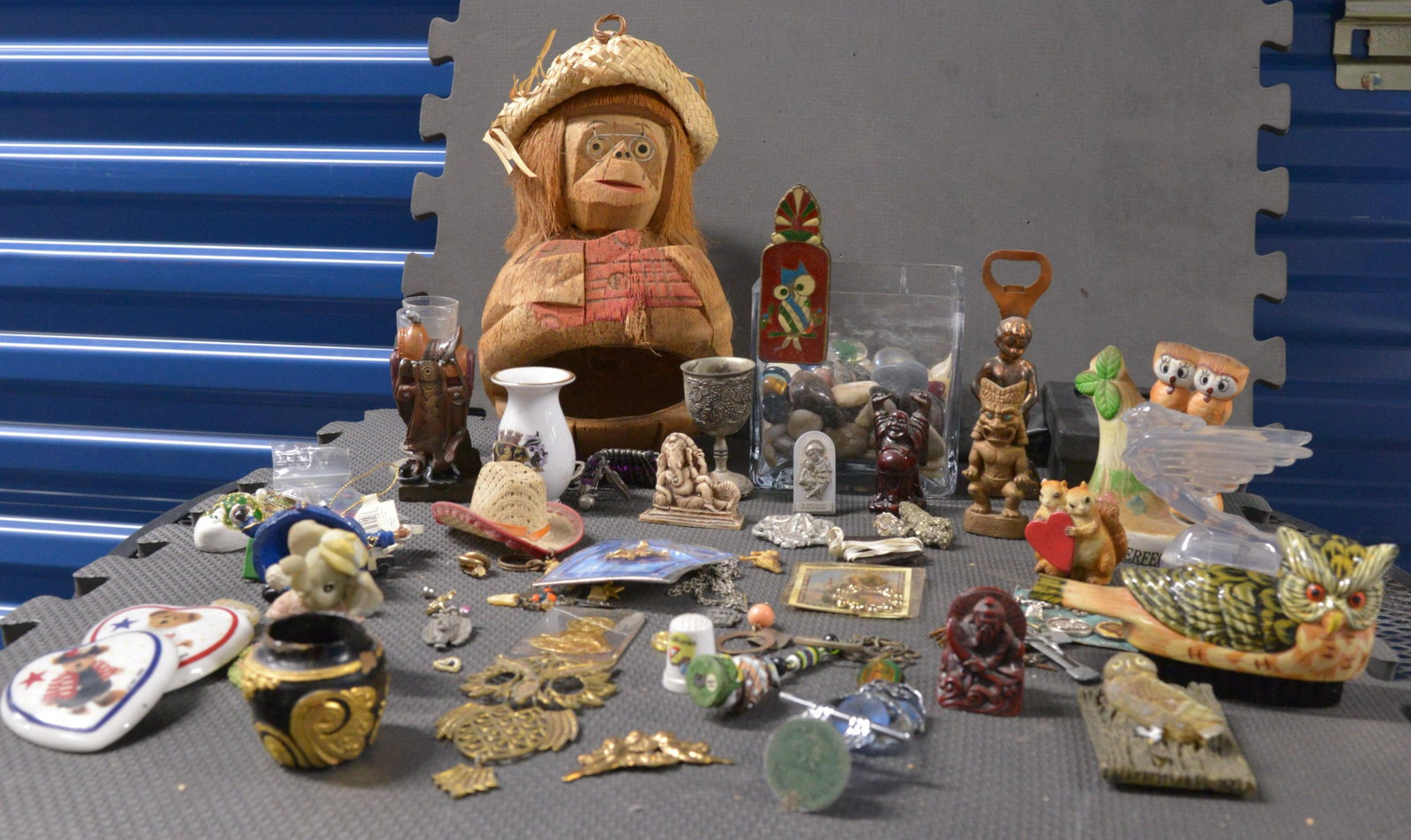 Collection of random chotchkeys including coconut monkey: Collection of random chotchkeys including coconut monkey