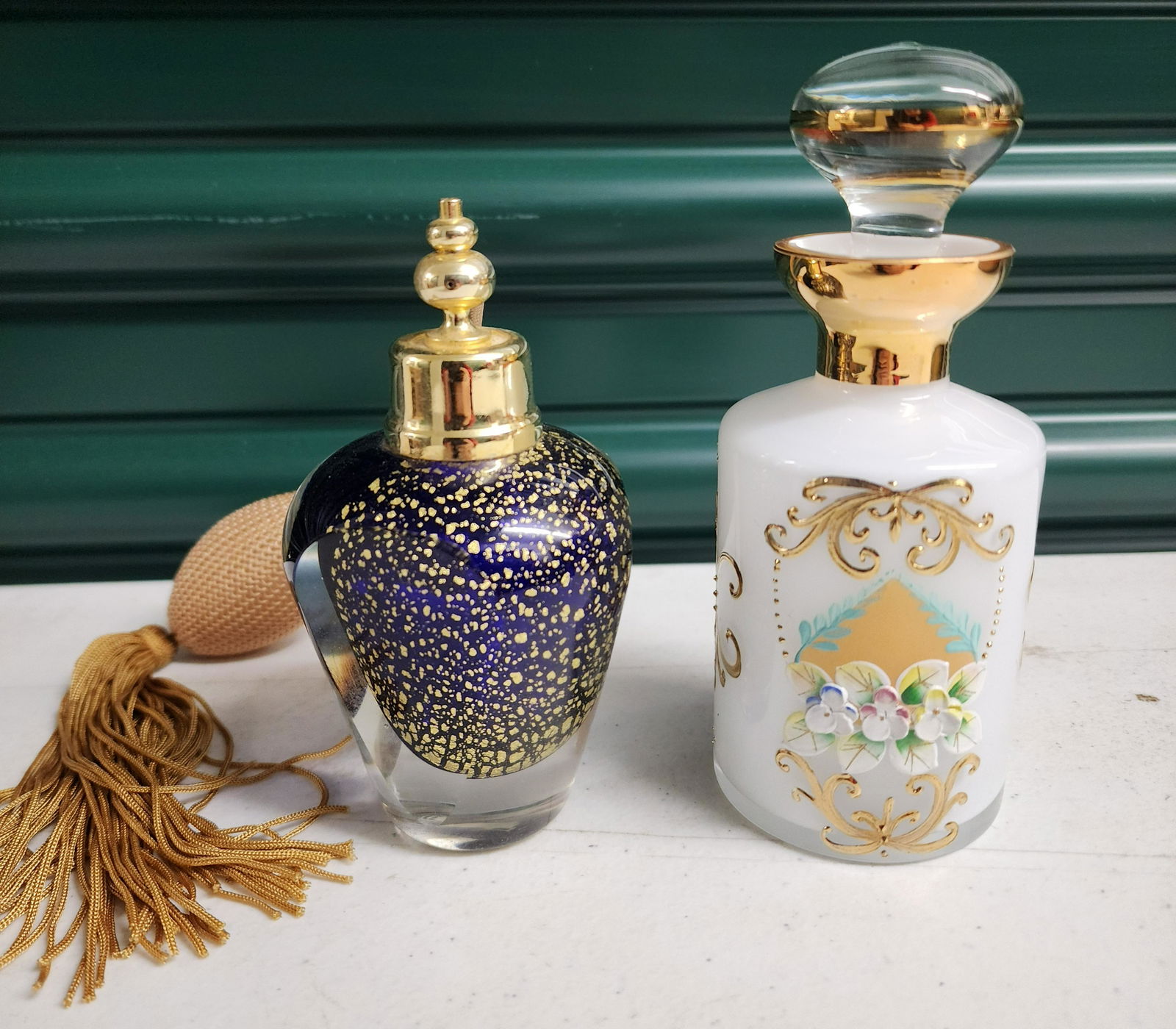 Pair of decorative perfume bottles. Cobalt blue with gold. Milk glass with hand painted details (1 of 1)