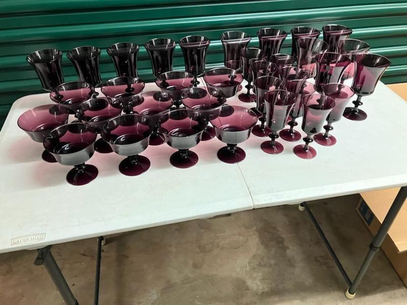 Purple Vintage Glassware: 13 tall goblets (7.5") 9 short goblets (6.5") 12 wide goblets (5x5.25")