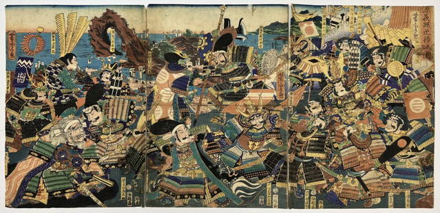 UTAGAWA YOSHITORA Samurai Japanese Woodblock Print Triptych: Utagawa Yoshitora (Active1836-1887) Minamoto no Yoshitsune and the Reversed Oars (Minamoto no Yoshitsune sakaro no zu).1860. Oban triptych. Japanese woodblock print. In house shipping available on all