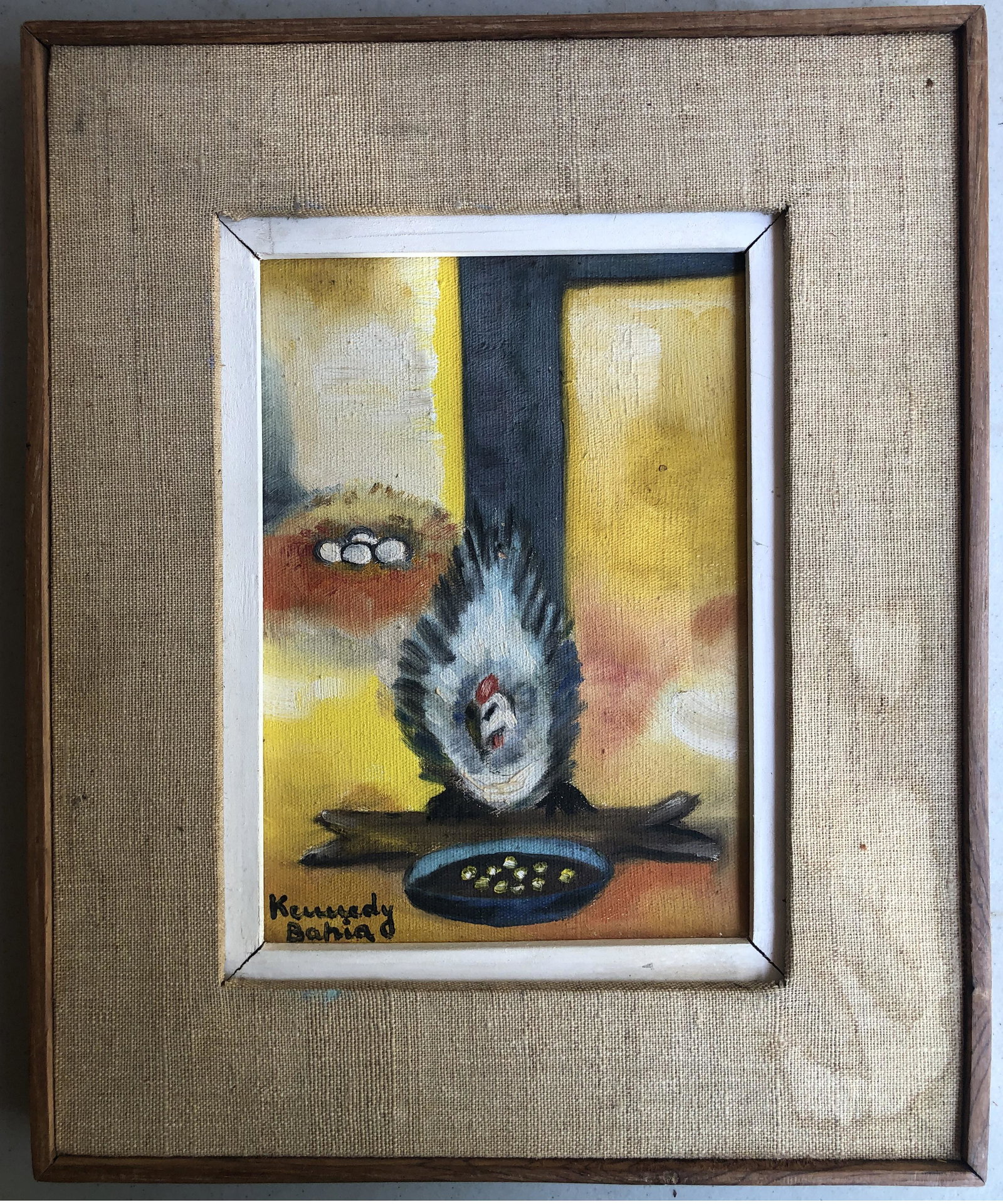 SIGNED 1929-2005 CHILEAN OIL PAINTING OF CHICKEN ON CANVAS: SIGNED 1929-2005 CHILEAN OIL PAINTING OF CHICKEN ON CANVAS. Signed. Image only size 8in by 6in. With frame size 13.5in by 11in.