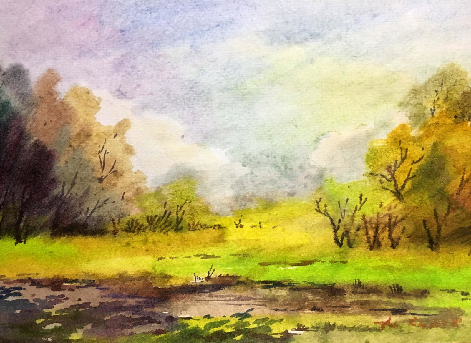 Summer landscape watercolor painting A. Horov: * TITLE: "Summer landscape" * ARTIST: A. Horov * SIZE: 20x30 cm/'7.87Ñ…11.81 inches' * MEDIUM: watercolor, canvas * HAND PAINTED: Original painting from our collection * CERTIFICATE OF AUTHENTICITY