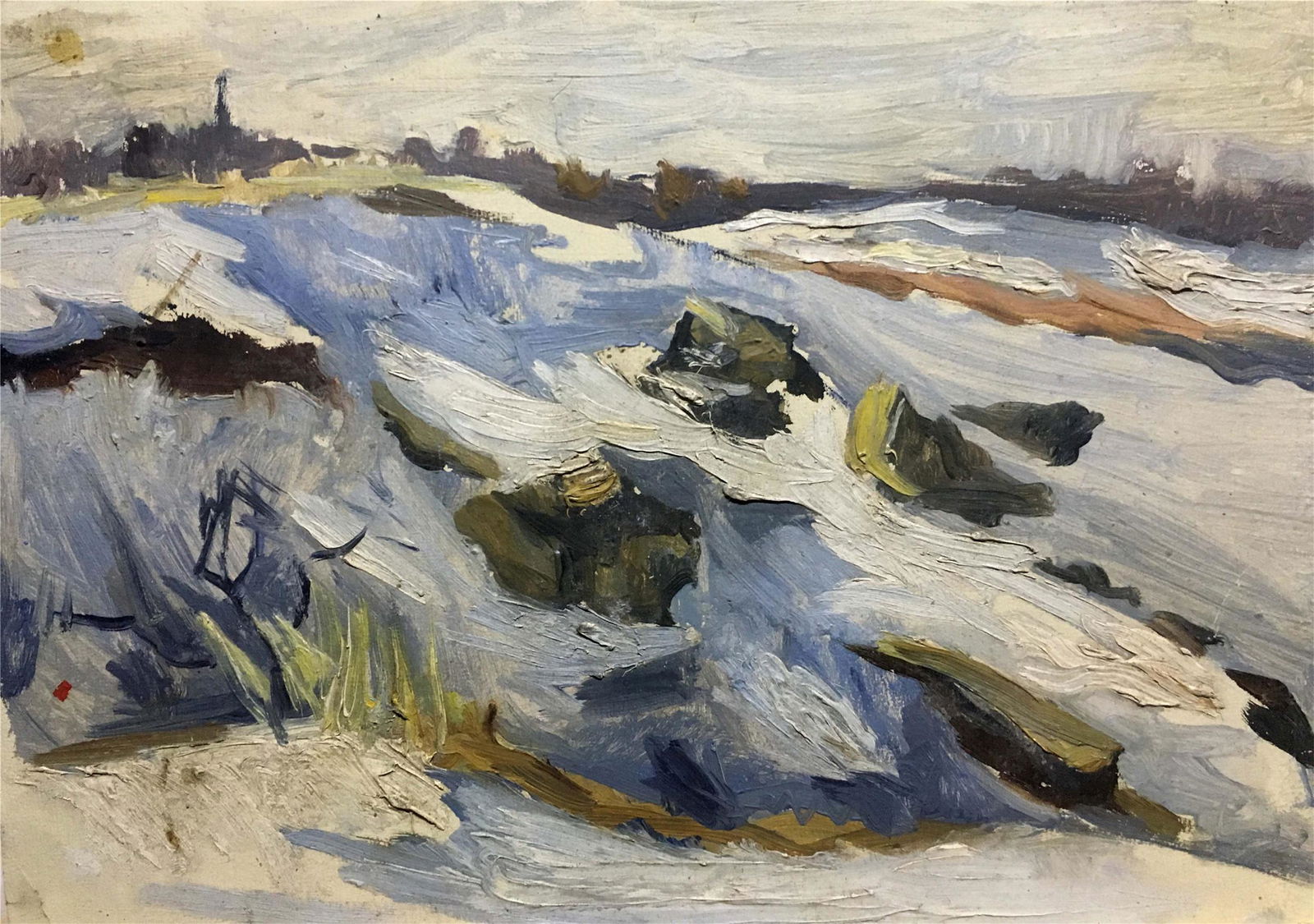 Winter landscape oil painting Kolesnik Vladimir Artemyevich: * TITLE: "Winter landscape" * ARTIST: Kolesnik Vladimir Artemyevich * SIZE: 24x35 cm/'9,44Ñ…13,77 inches' * MEDIUM: oil, cardboard * HAND PAINTED: Original painting from our collection * CERTIFICAT