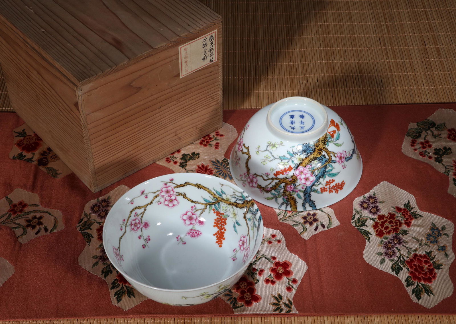 PAIR OF CHINESE PORCELAIN FAMILLE ROSE FLOWER WITH POEM BOWLS (1 of 9)