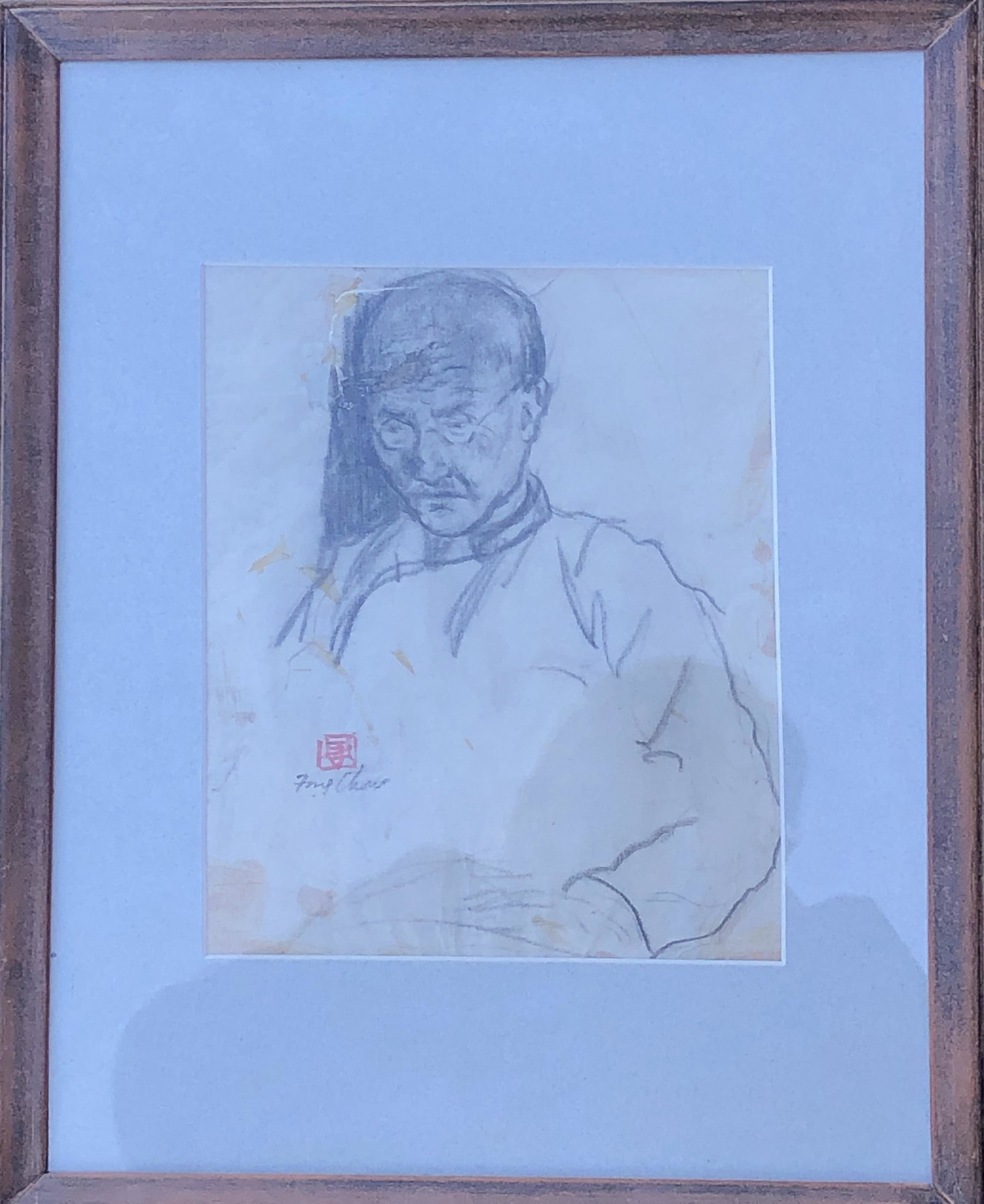 FONG CHOW PENCIL DRAWING ON PAPER OF PORTRAIT: FONG CHOW PENCIL DRAWING ON PAPER OF PORTRAIT. Image size 9in by 7in. Frame size 15.5in by 12in.