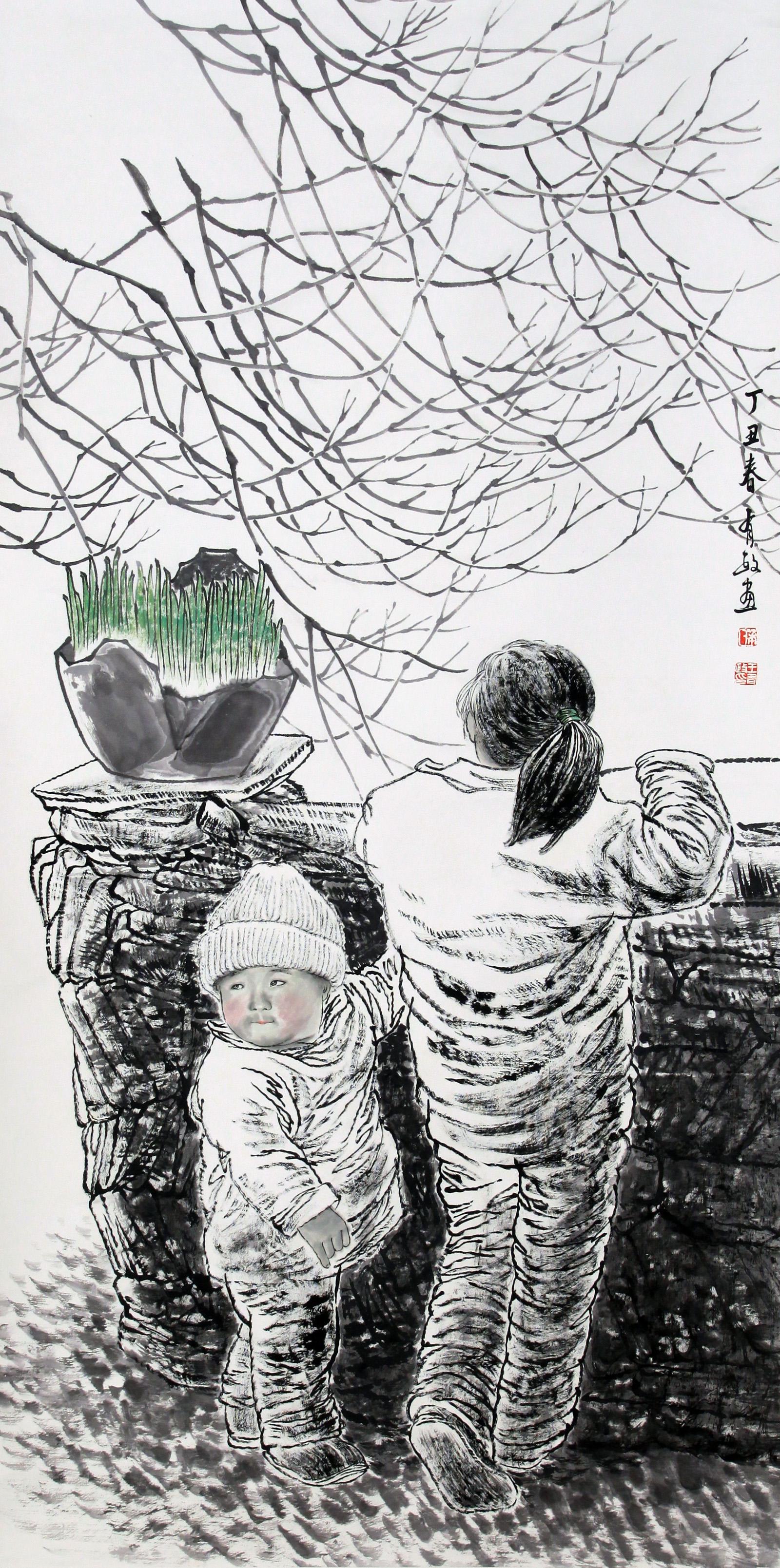 CHINESE SCROLL PAINTING OF KID UNDER TREE SIGNED BY WANG YOUZHENG: CHINESE SCROLL PAINTING OF KID UNDER TREE SIGNED BY WANG YOUZHENG. Image only size 137.5 by 69.5cm.