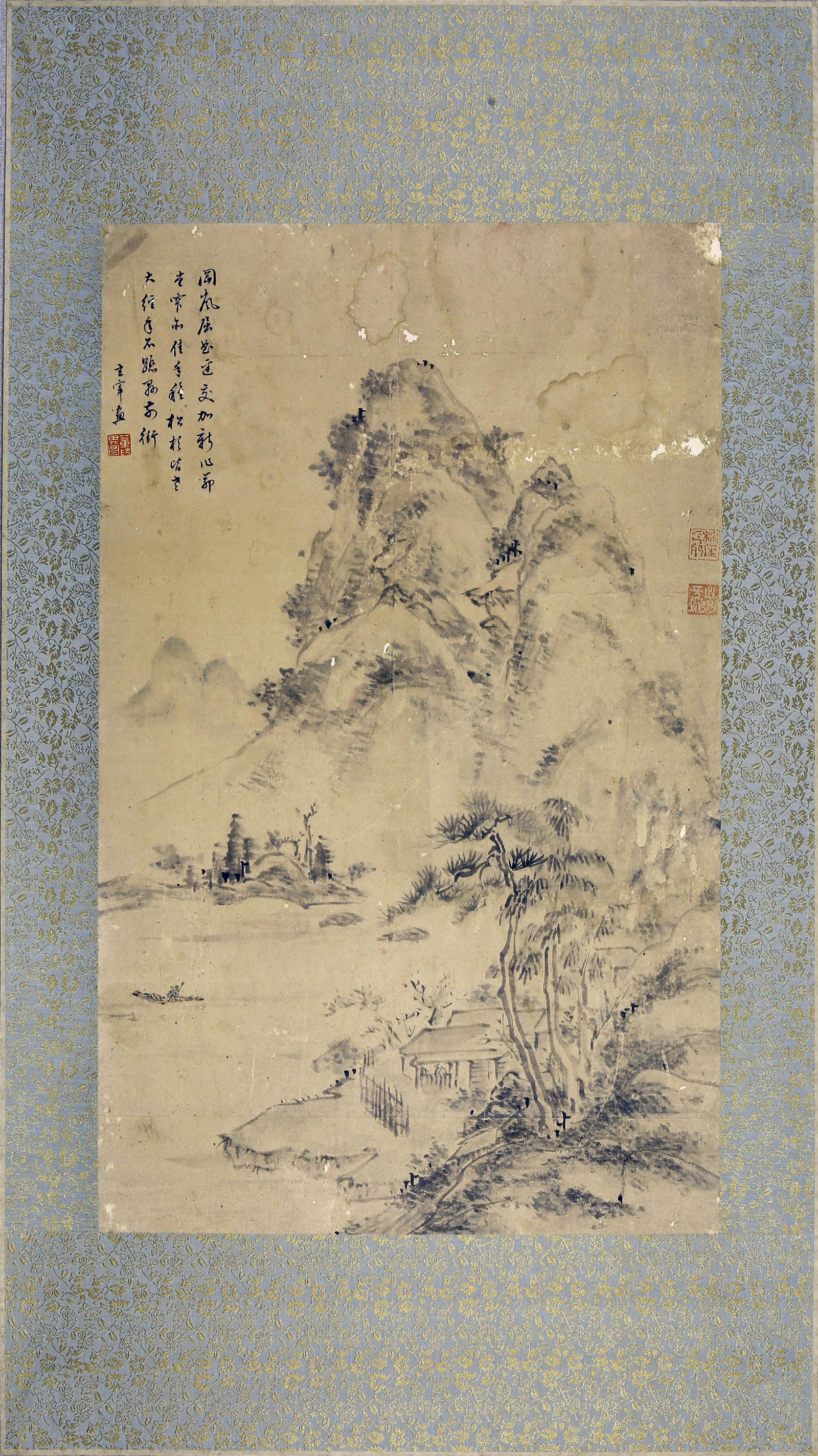 CHINESE SCROLL PAINTING OF MOUNTAIN VIEWS SIGNED BY DONG QICHANG: CHINESE SCROLL PAINTING OF MOUNTAIN VIEWS SIGNED BY DONG QICHANG. Image only size 67 by 41cm.