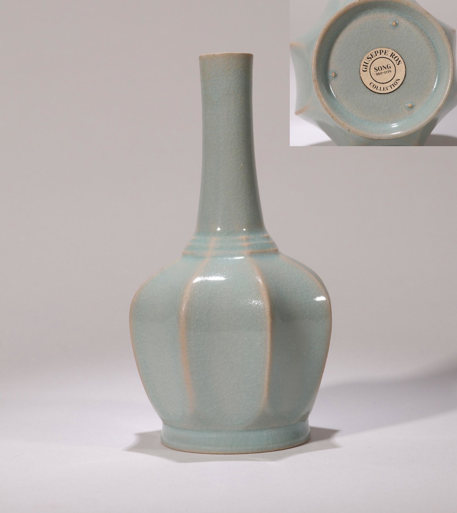 CHINESE PORCELAIN RUYAO GLAZE VASE: CHINESE PORCELAIN RUYAO GLAZE VASE. H. 16cm. LOT252 TO LOT344 FROM COLLECTION OF ITALIAN DIPLOMAT GIUSEPPE ROS 1883-1948. Giuseppe Ros (1883-1948) was born in Naples, Italy on August 12th 1883. His an