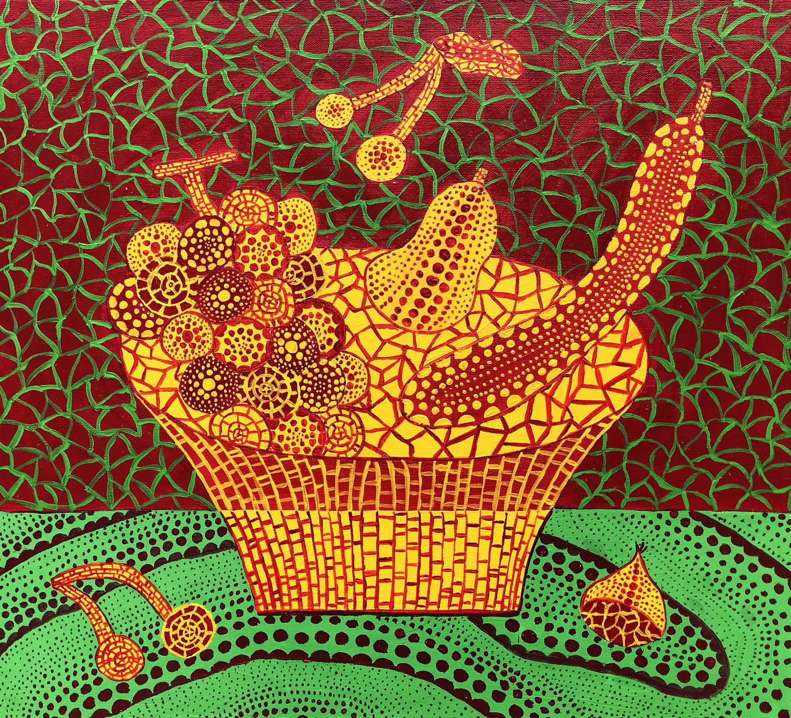 OIL PAINTING ON CANVAS SIGNED BY YAYOI KUSAMA: OIL PAINTING ON CANVAS SIGNED BY YAYOI KUSAMA. OIL PAINTING ON CANVAS SIGNED BY YAYOI KUSAMA. Image only size 40m by 50cm. . USA demostic shipping cost 30USD./International shipping cost 100 USD.