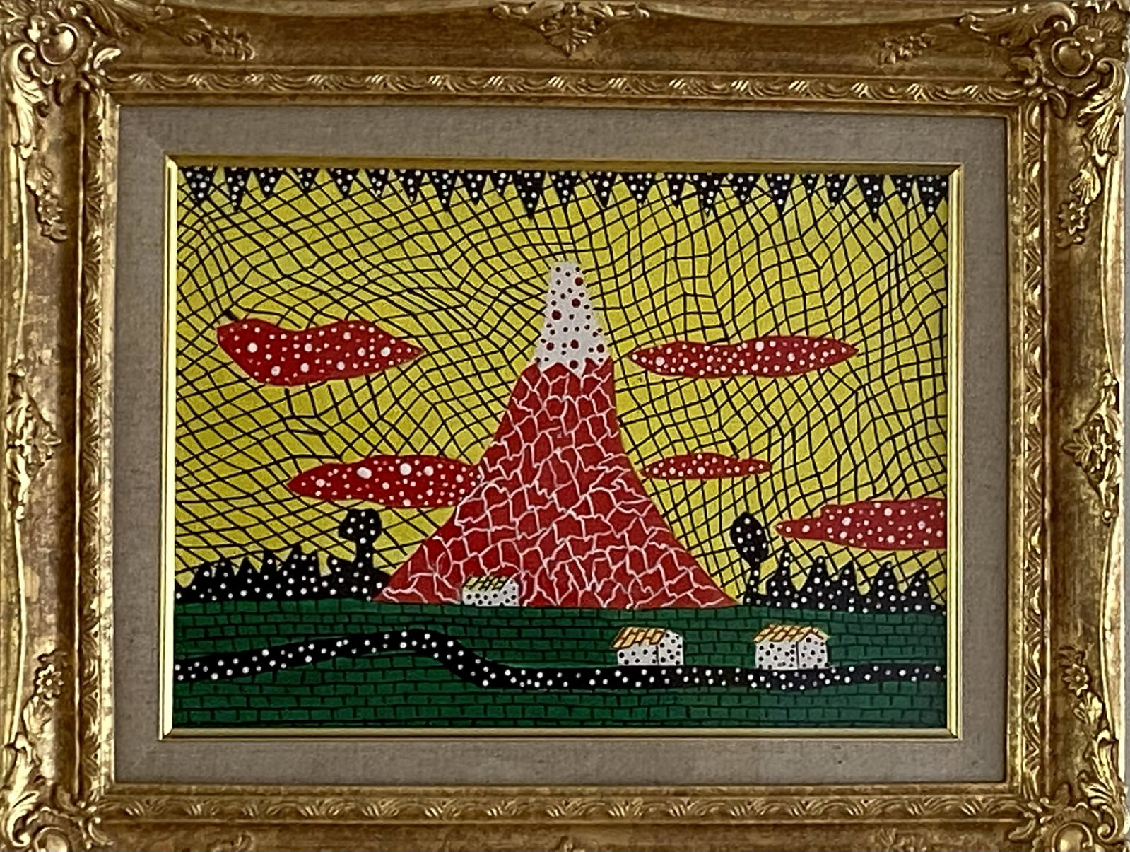 YAYOI KUSAMA JAPANESE ACRYLIC PAINTING ON CANVAS RED MT. FUJI: YAYOI KUSAMA JAPANESE ACRYLIC PAINTING ON CANVAS RED MT. FUJI. YAYOI KUSAMA JAPANESE ACRYLIC PAINTING ON CANVAS RED MT. FUJI. Yayoi Kusama Red Mt.Fuji Acrylic Painting with signed F4 1982 Fuji (Red Fu
