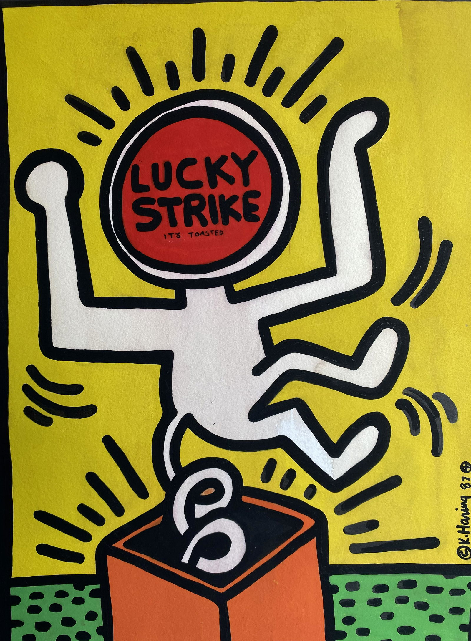 KEITH HARING 1958-1990 OIL PAINTING ON CARDBOARD: KEITH HARING 1958-1990 OIL PAINTING ON CARDBOARD. KEITH HARING 1958-1990 OIL PAINTING ON CARDBOARD. Keith Haring (1958 - 1990) Antique Oil painting on Cardboard. Stamped. Date of Creation: 1970-1989,