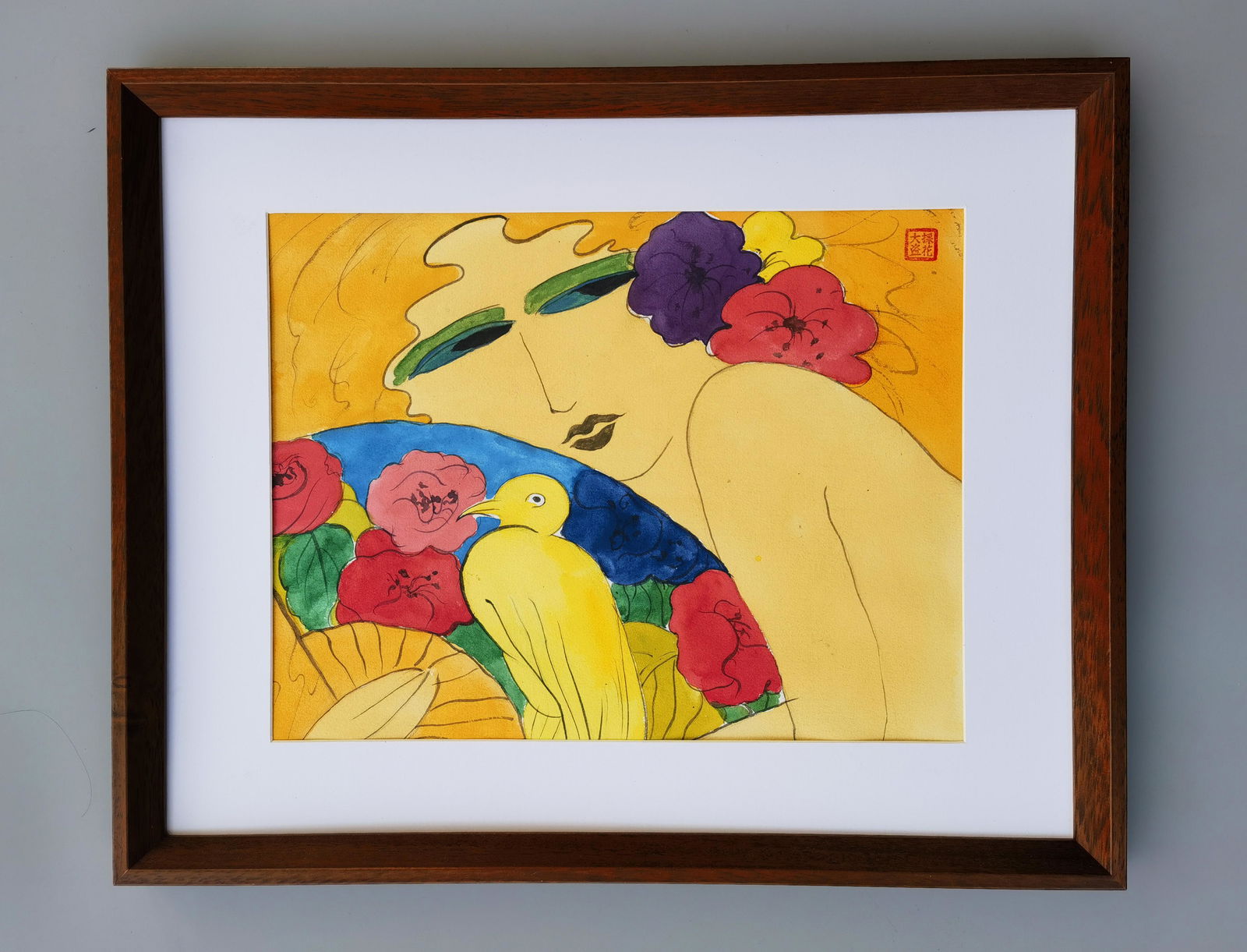 WALASSE TING ACRYLIC PAINTING ON PAPER BEAUTY AND BIRD FRAMED (1 of 5)