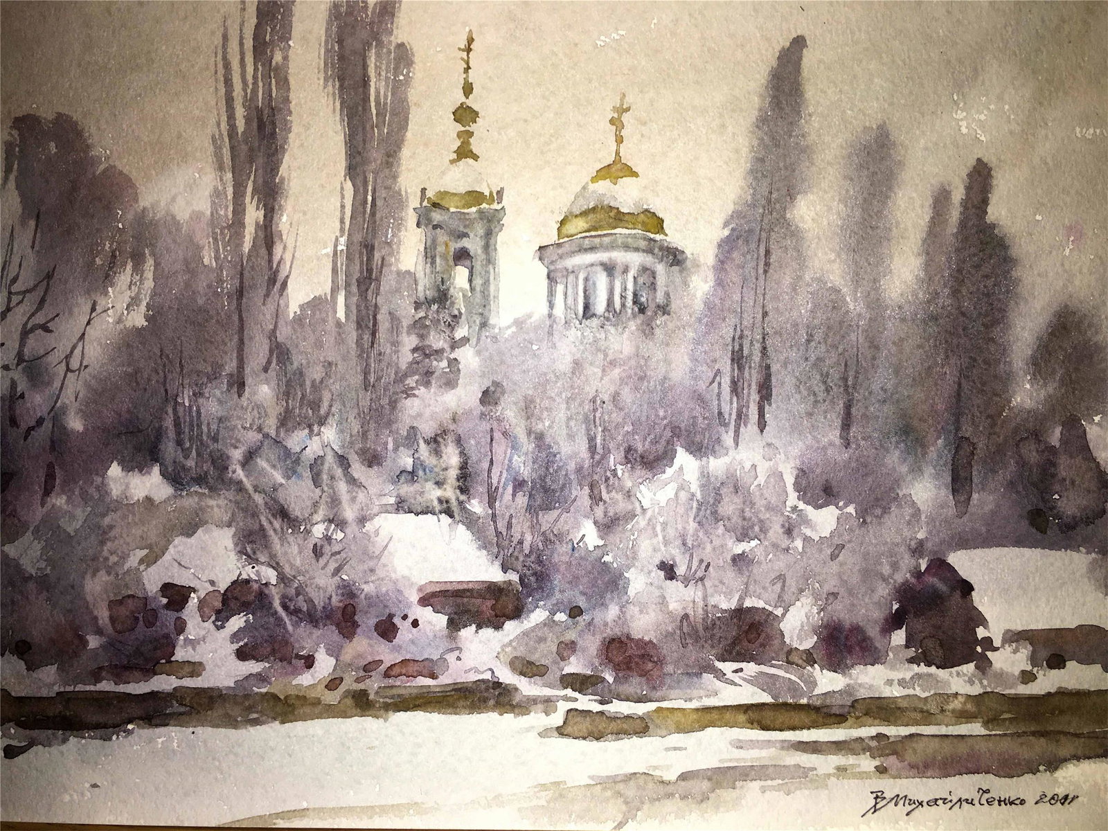 Church watercolor painting on paper: * TITLE: "Church" * ARTIST: Viktor Mikhailichenko * SIZE: 21x30 cm/'8.26Ñ…11,81 inches' * MEDIUM: watercolor, cardboard * HAND PAINTED: Original painting from our collection * CERTIFICATE OF AUTHEN