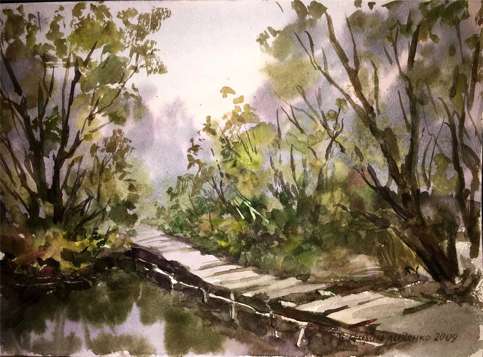 Bridge watercolor painting on paper: * TITLE: "Bridge" * ARTIST: Viktor Mikhailichenko * SIZE: 21x30 cm/'8.26Ñ…11,81 inches' * MEDIUM: watercolor, cardboard * HAND PAINTED: Original painting from our collection * CERTIFICATE OF AUTHEN