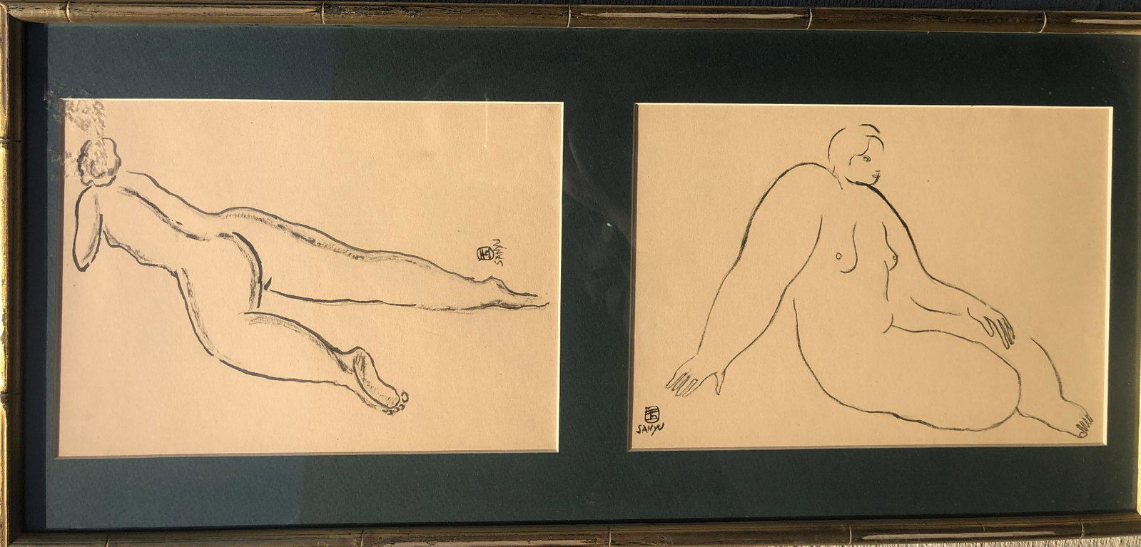 INK DRAWING OF NUDE ON PAPER SIGNED BY SANYU: INK DRAWING OF NUDE ON PAPER SIGNED BY SANYU. Each drawing size 10in by 7.5in. Whole frame size 24in by 11.5in. USA demostic shipping cost 30USD and International shipping cost 100 USD.