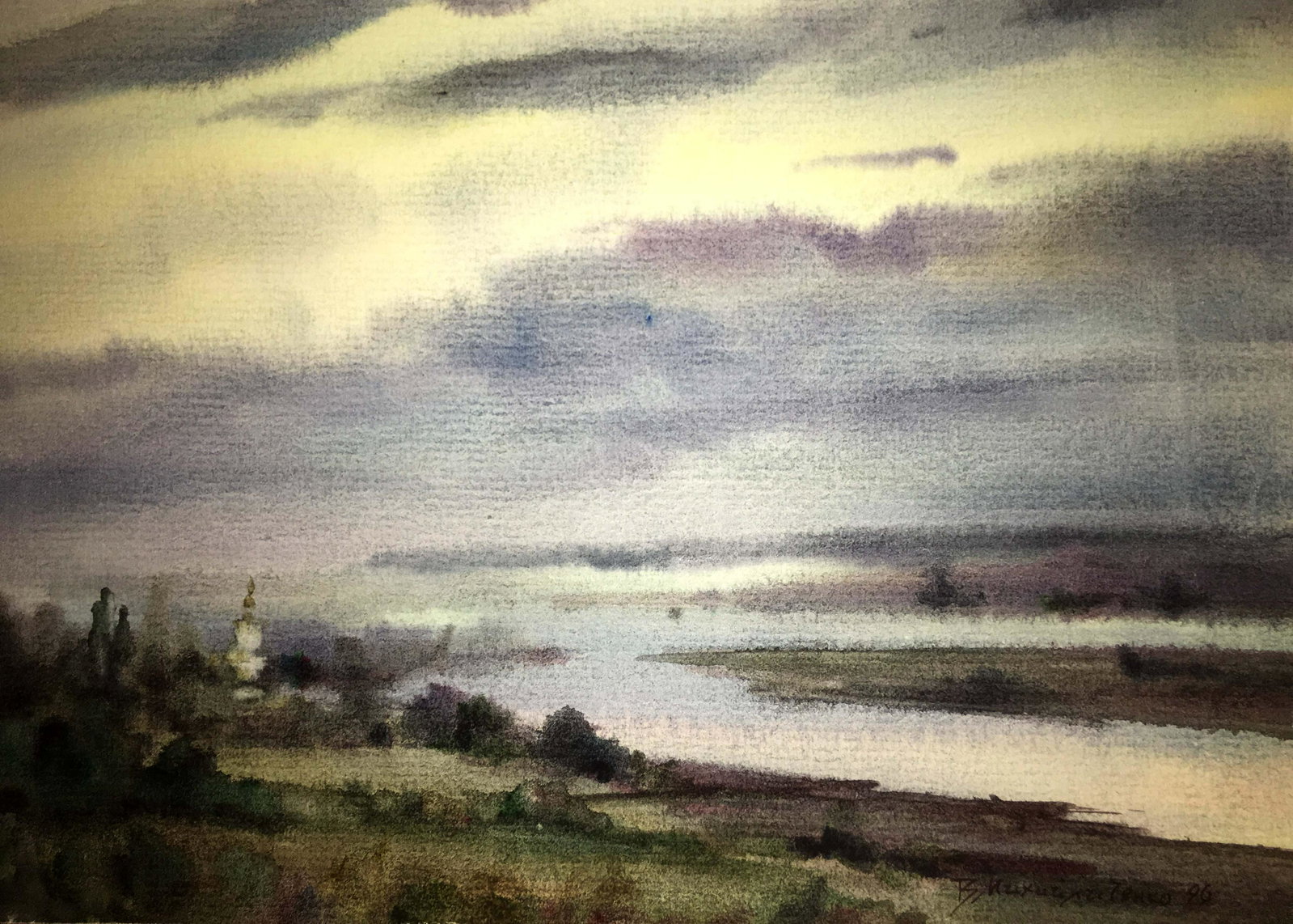 Evening spill watercolor painting on paper: * TITLE: "Evening spill" * ARTIST: Viktor Mikhailichenko * SIZE: 21x29,5 cm/'8.26Ñ…11,61 inches' * MEDIUM: watercolor, cardboard * HAND PAINTED: Original painting from our collection * CERTIFICATE 
