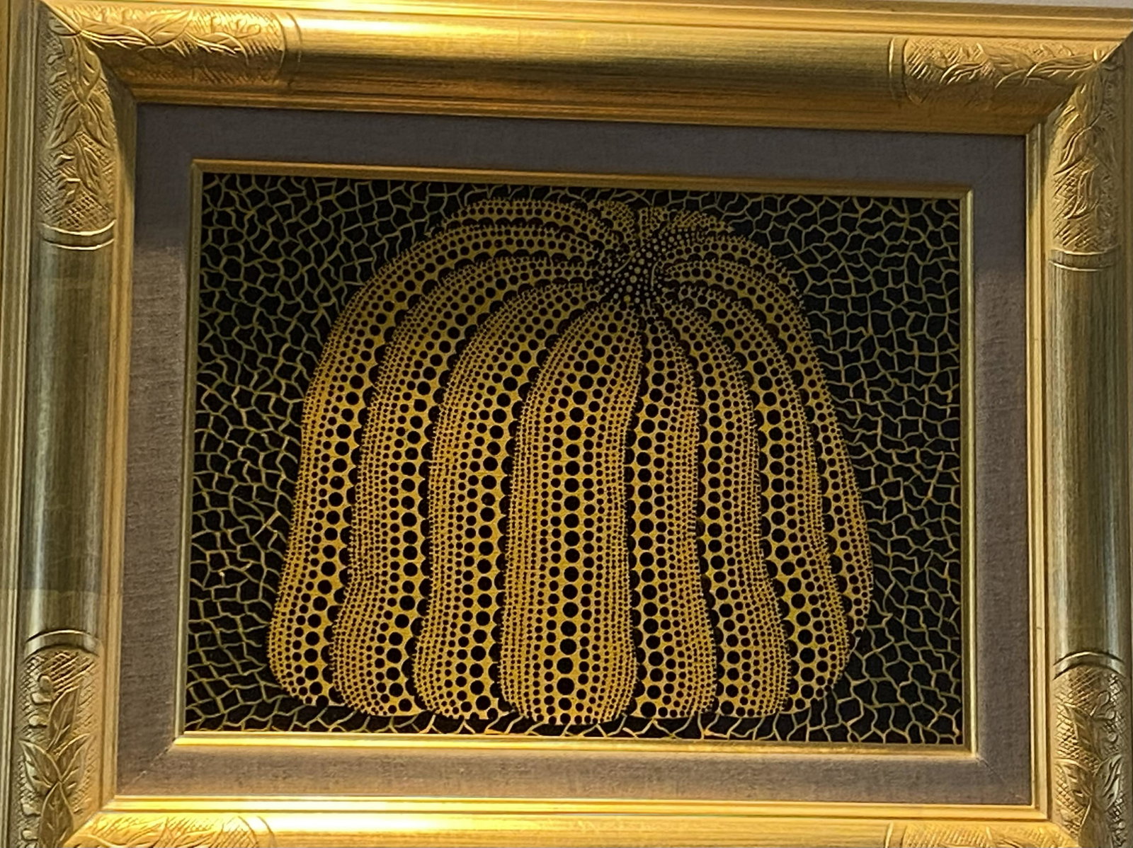 YOYAI KUSAMA JAPANESE OIL PAINTING ON CANVAS: YOYAI KUSAMA JAPANESE OIL PAINTING ON CANVAS. Image size 25cm by 34cm. With frame size 40cm by 50cm. USA demostic shipping cost 50USD and International shipping cost 150 USD.